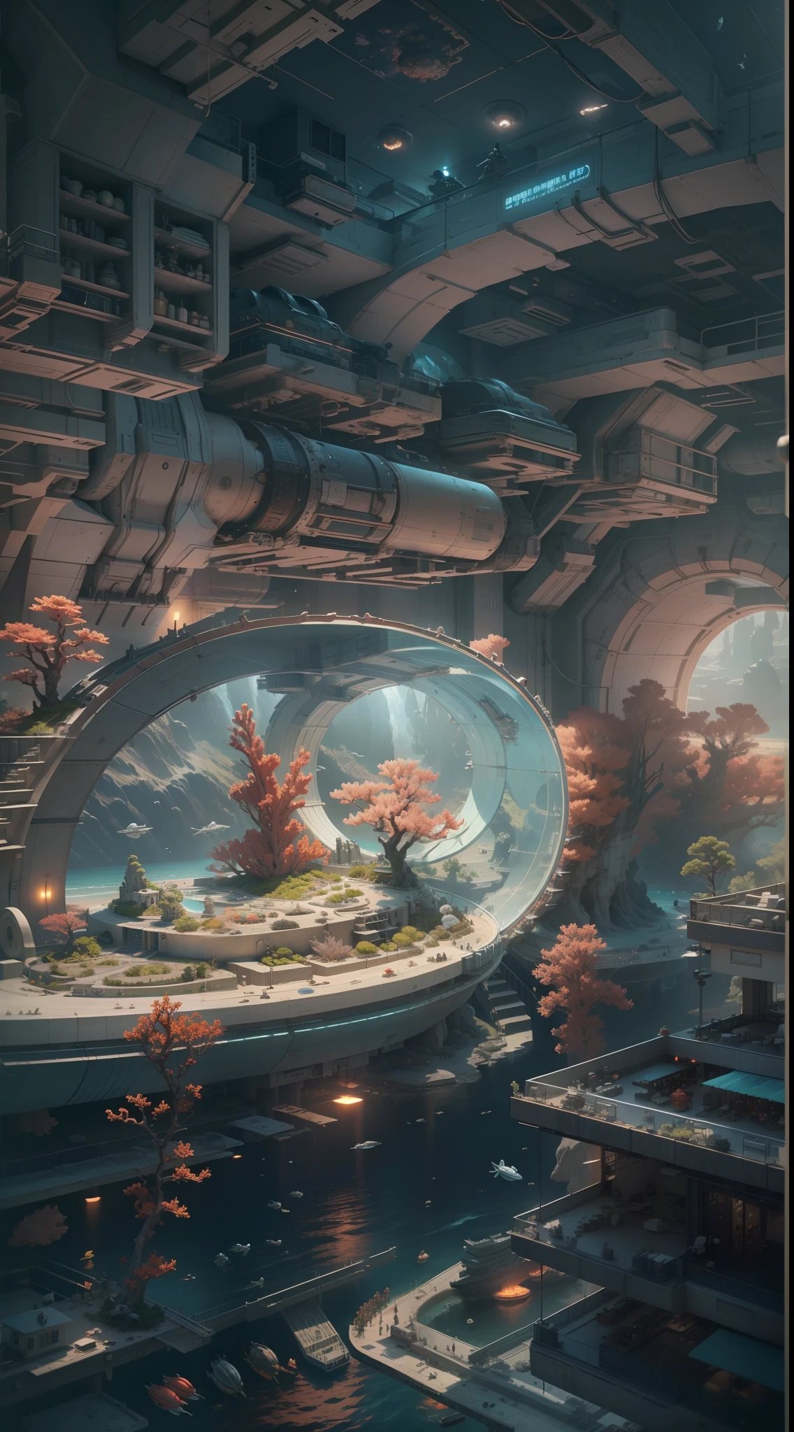 Enhanced dynamic perspective，ocean floor、Marine life、Beautiful coral reef、Nuclear submarine，Huge ring-shaped underwater city，optic，Works of masters，high qulity，4K分辨率，super-fine，Detailed pubic hair，Accurate，Cinematic lighting，