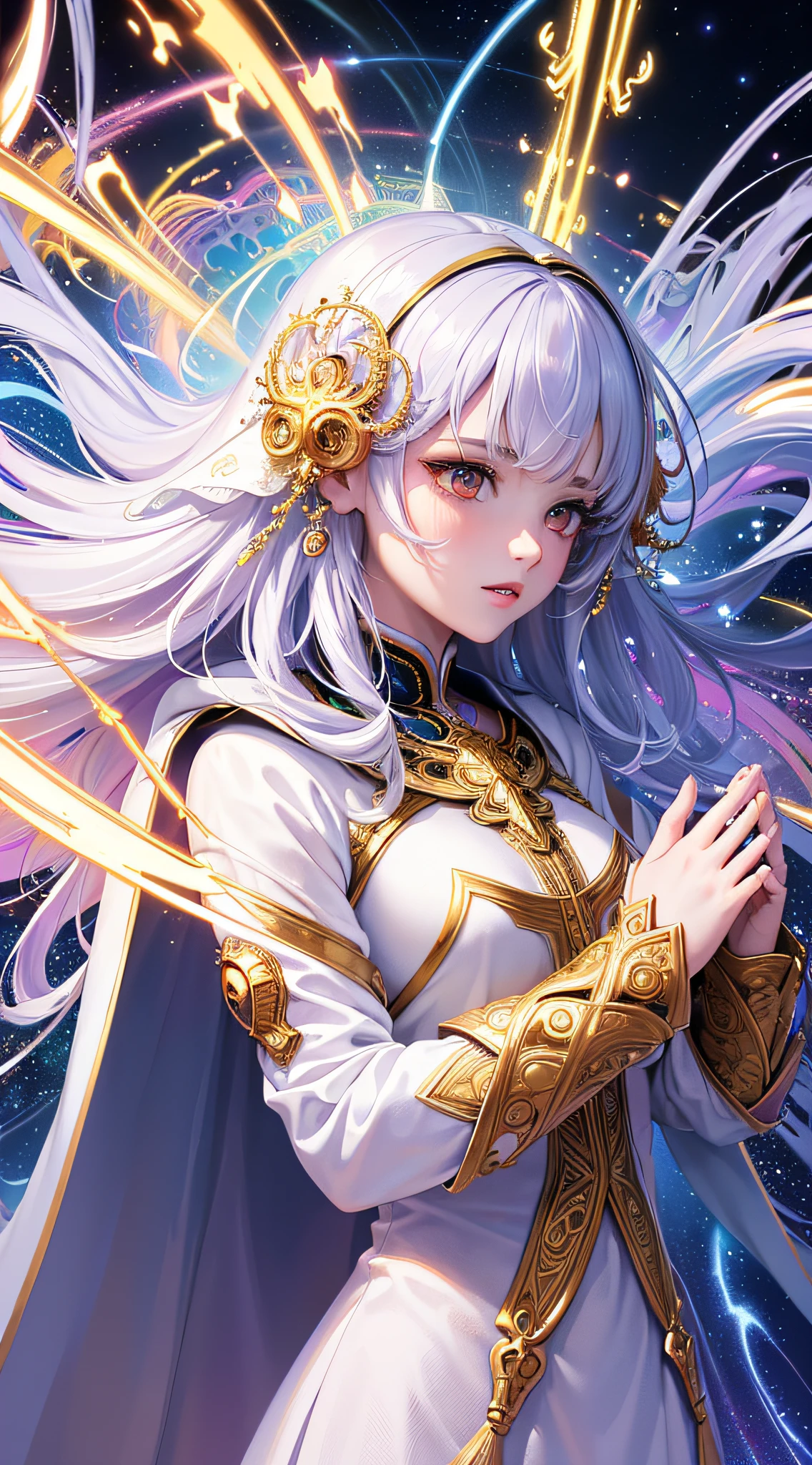 (masterpiece, top quality, best quality, official art, beautiful and aesthetic:1.2), (1girl), extreme detailed, (fractal art:1.3), colorful, highest detailed, perfect face, upper body, HDR, (praying:1.3), (white cloak golden lines:1.2), galaxy, (light streaks), striking visuals, (dynamic streaks, luminous trails:1.2), vibrant colors,