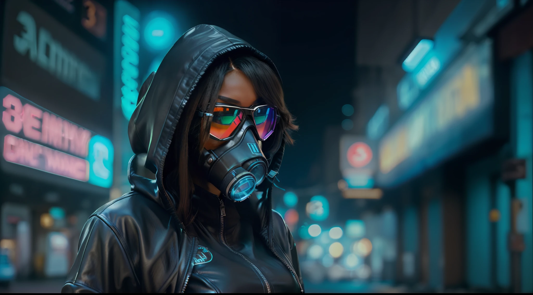 8k, ARTISTIC photography, best quality, masterpiece: 1.2), (realistic, photorealistic: 1.37`Movie still from johnny mnemonic movie directed by (Robert Longo), (cyberpunk girl in leather hoodie jacket wears gas mask with protective glasses ), an ebony woman , beautiful body, voluptuous, perky breast (( dressed in a Futuristic leather hoodie jacket )), (((over-detailed clothing))), (((the color of the clothes is #3CA6A6))), posing, IN A Empty street with neon lights and big glowing billboard. background,