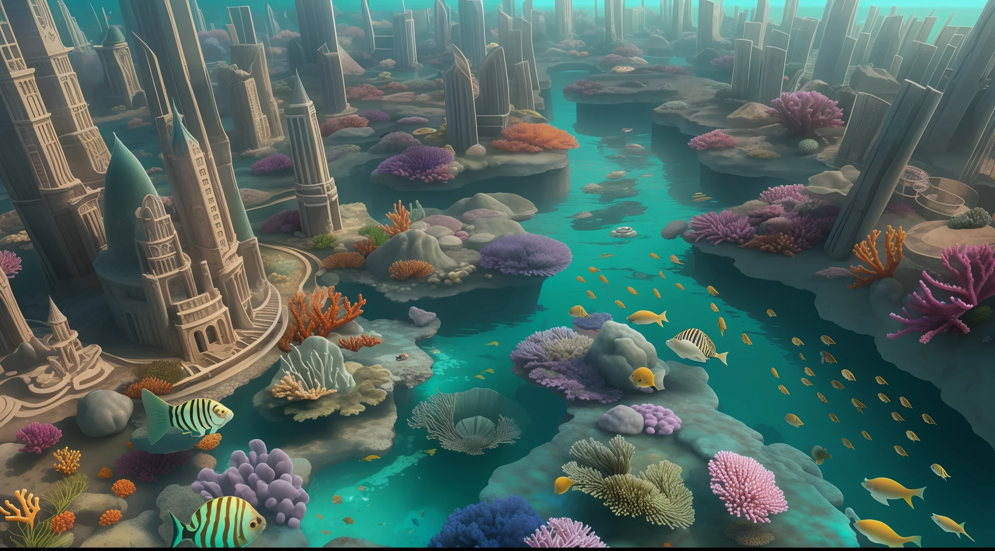 Enhanced dynamic perspective，ocean floor、Marine life、Beautiful coral reef、mermaids，Huge ring-shaped underwater city，dream magical，optic，Realiy，Hyper-realistic，Works of masters，high qulity，4K分辨率，super-fine，Detailed pubic hair，Accurate，Cinematic lighting，