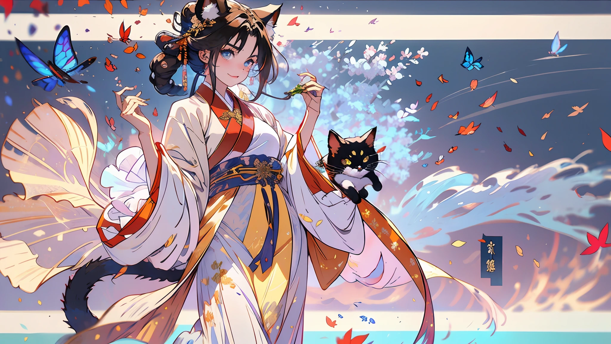 tmasterpiece,Need,Hanfu,Chinese costumes,1girll,Cat cat anthropomorphic,Bell,brunette color hair,Cat ears,cat paws,a cat tail,butterflys,The barefoot,独奏,hair adornments,sitted,Hanfu,Hanfu,Anklets,leafs,the fruits,jewelry,White background,longer sleeves,simplebackground,food,grapes, full bodyesbian, single hair bun,, hair stick, Wide sleeves, hair-bun, ssmile, intersection, looking at viewert, long whitr hair, Keep your mouth shut, putting hand up, florals, Take the leaves, A piano