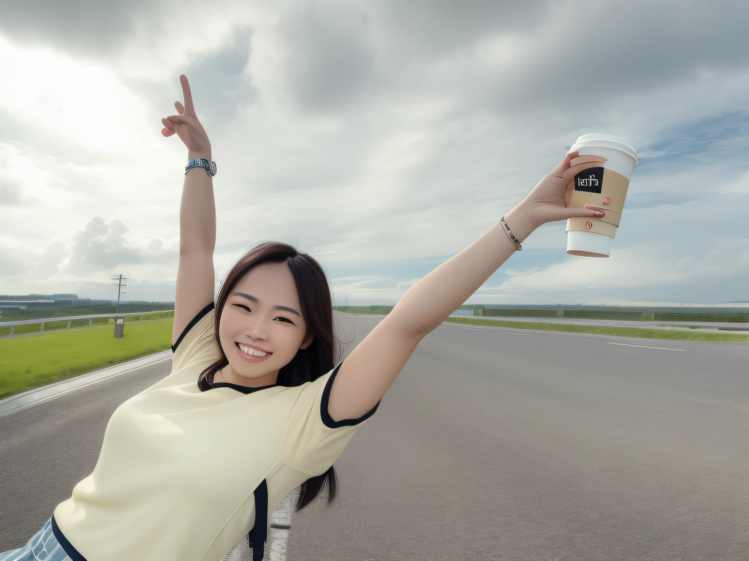 Woman holding a cup of coffee on the road with cloudy sky, Pose(Arms up + Happy), ren heng, Student, flying shot, raise both arms, waving and smiling, xintong chen, Waving, photo taken with canon 5d, holding a drink, 8k selfie photograph, t pose, taken with canon eos 5 d, wenfei ye
