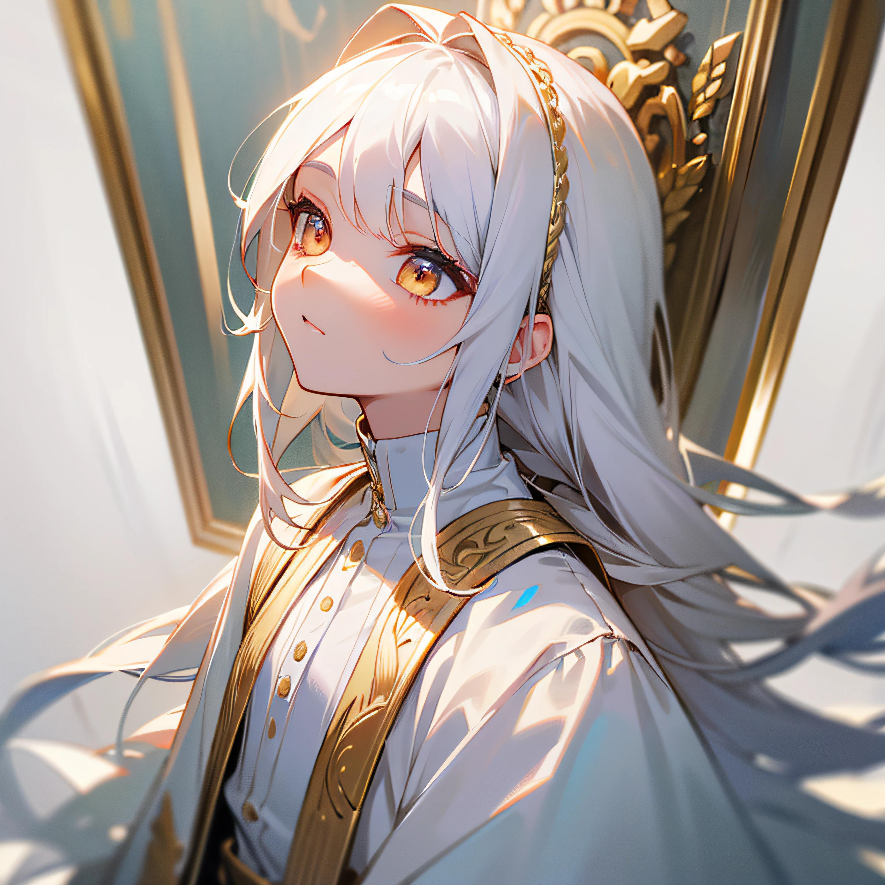 best quality, masterpiece,white hair, gold eyes,white clothes, looking up, upper body,hair strand,Fair skin,side braids