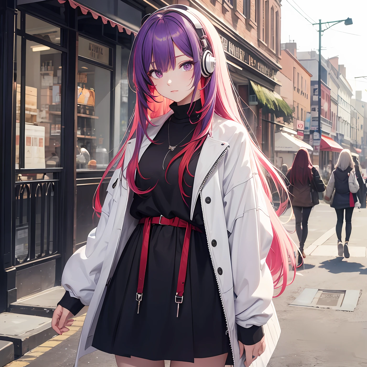 masterpiece, best quality, highres, 1girl, split-color hair, hair over one eye, red hair, multicolored hair, long hair, purple eyes, two-tone hair, hair rings, white dress, headphones, white hair, black ribbon, bangs, very long hair, medium breasts, long sleeeves, open jacket, oversized clothes, standing, street, cowboy shot, --auto
