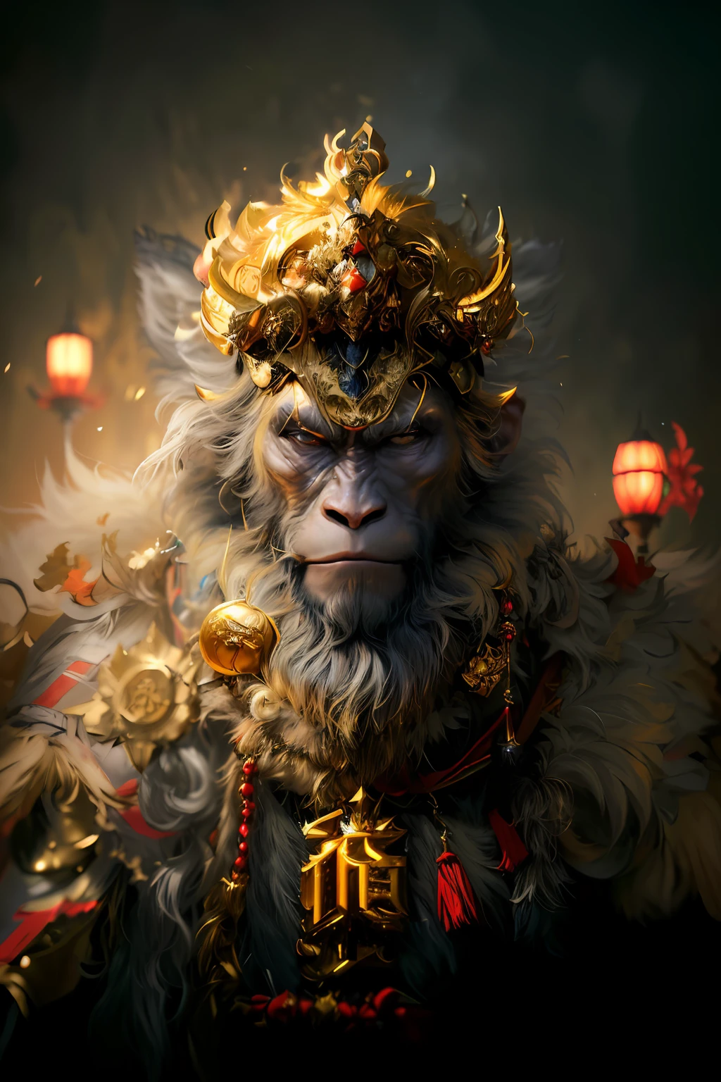 wearing gold crown,Dressed in gold armor, son goku, Wukong, Monkey king, 3D Ape Shaman profile portrait, humanoid monkey fantasy race, portrait shooting, Cinematic. author:leng jun, CGSesociety ), marmoset render, Trends in CG society, awarded on cgsociety, Dramatic cinematic details fur