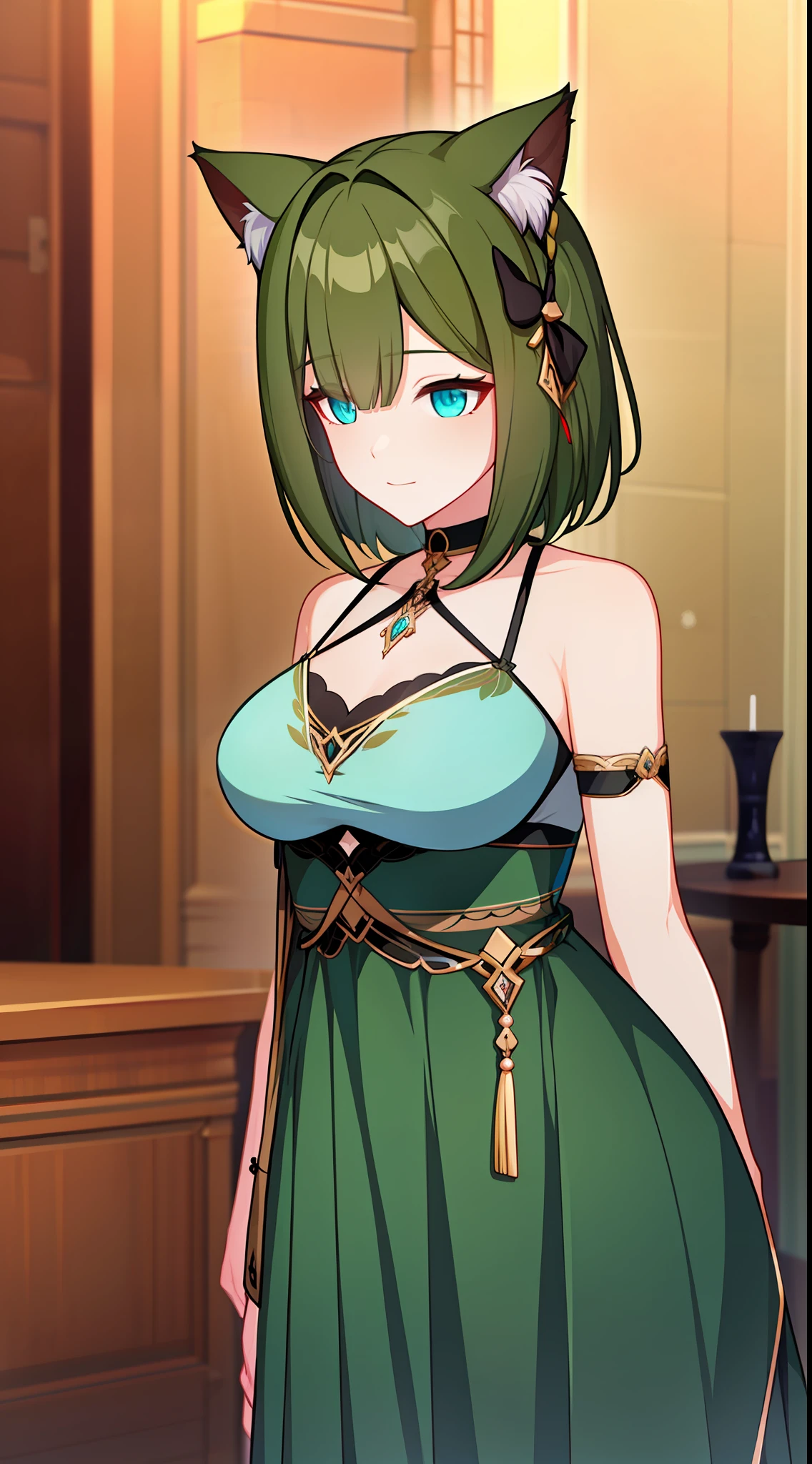 Adult female, dark-green hair, Cat's ears, turquoise eyes, Rich dress, Masterpiece, hiquality