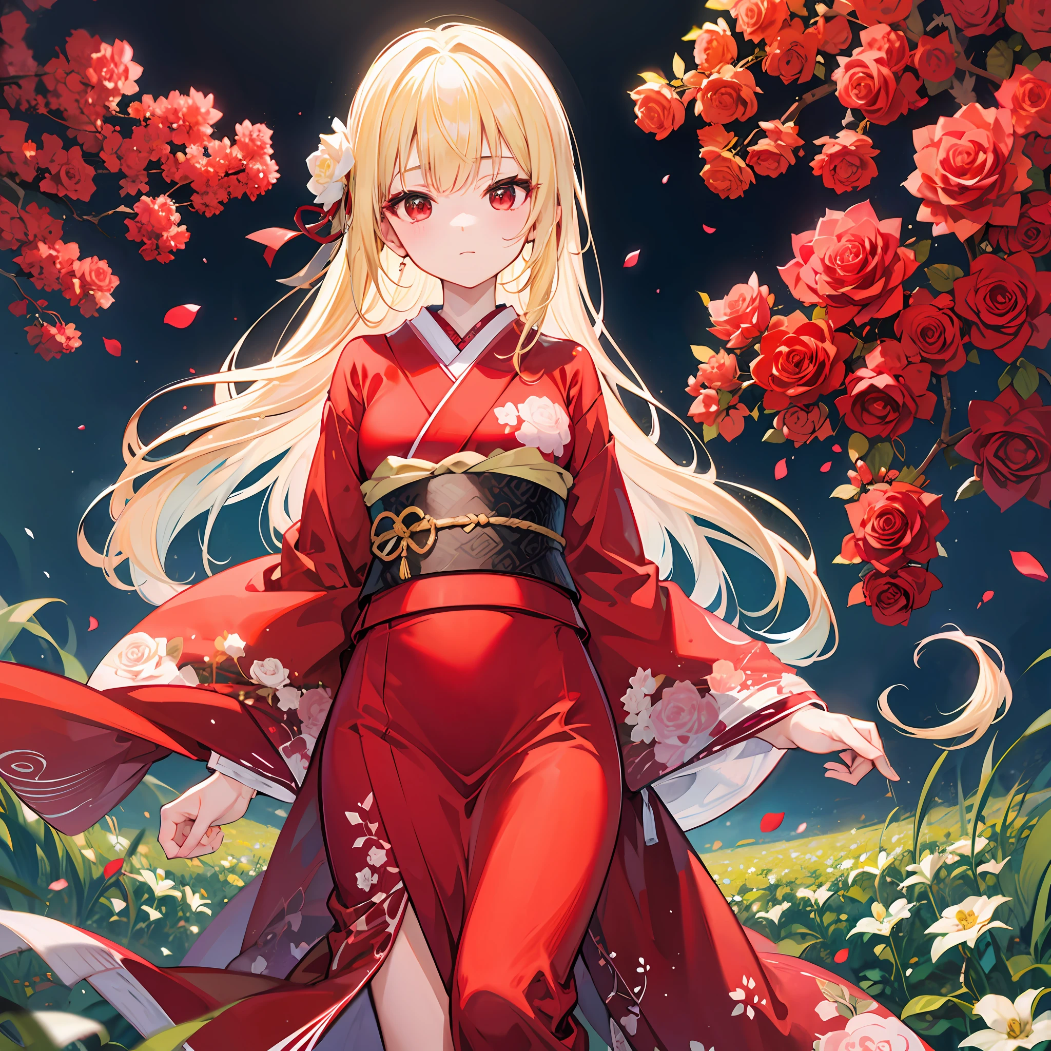 One blonde girl、red eyes、Bright red kimono、White rose field