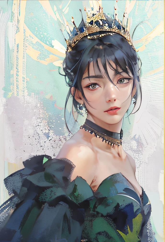 It is an art painting in the Guvez style,A depiction of a man wearing a black dress and a crown on his head,This is a detailed anime portrait,Similar to Rossi's portrait,Produced in an anime artist studio。The portrait shows the real girl of the kawaii,It shows amazing facial features。