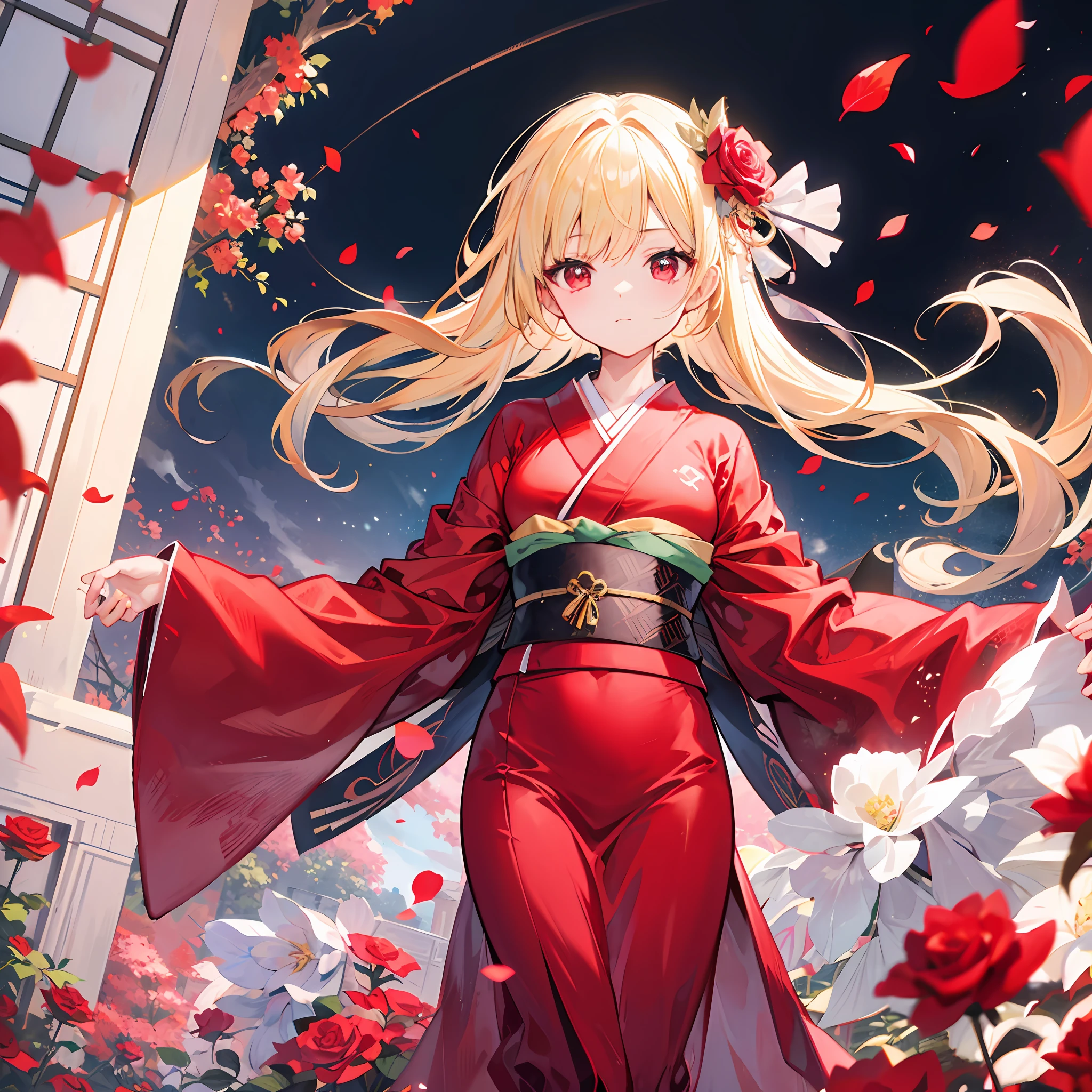 One blonde girl、red eyes、Bright red kimono、White rose field