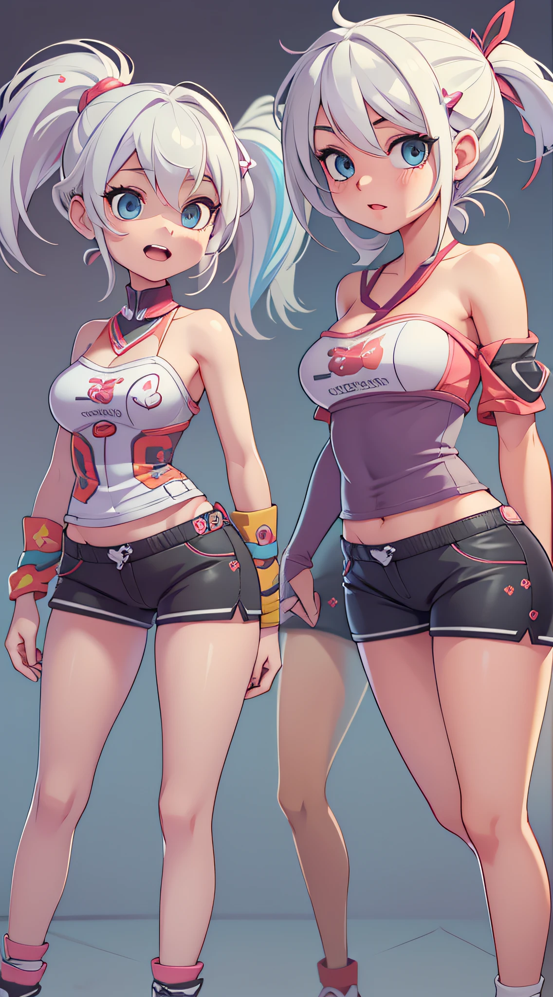 ((Masterpiece)), best quality, absurderes, ultra detailed, super beautiful girl with beautiful eyes, beautiful multicolored white hair, high ponytail, nice and sexy body, wearing tight boxers with cute drawings and a strapless crop top with an anime drawing, beautiful hair ornament, full body, sexy pose, flirting with viewer, in a bedroom with a video game console and cute plushies