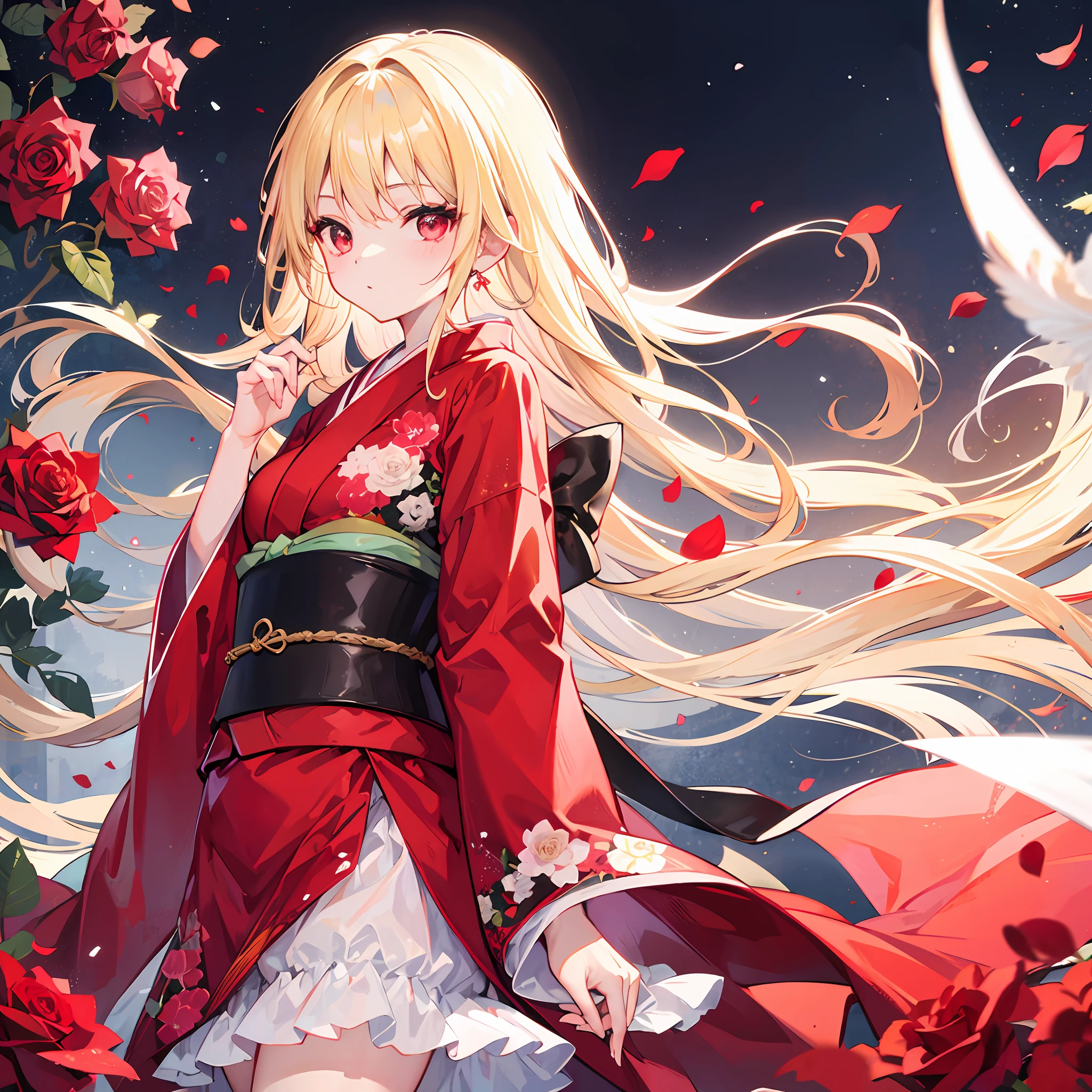 One blonde girl、red eyes、Bright red kimono、White rose field