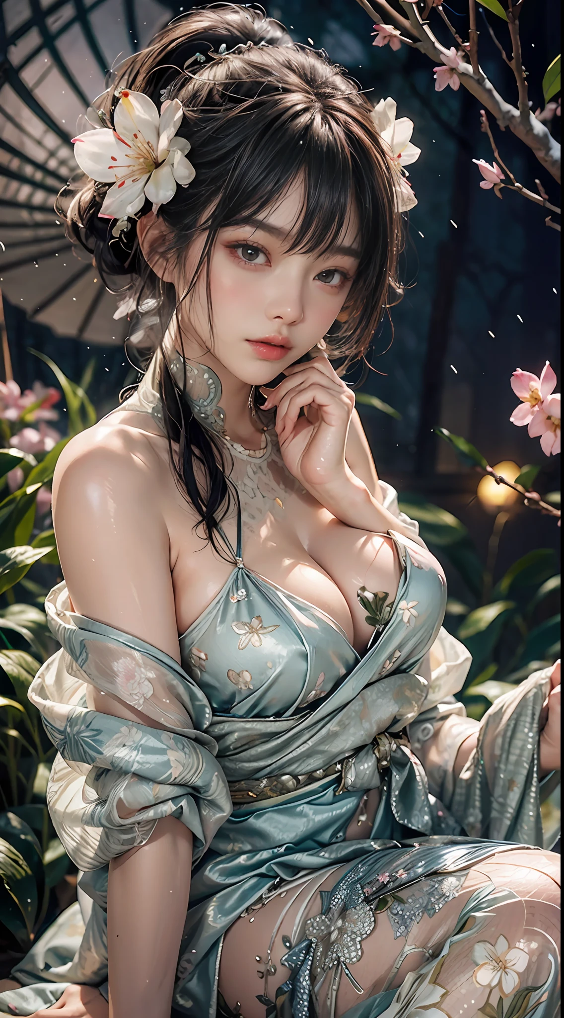 loose outfit、Show shoulders、How to wear a broken see-through kimono、Decorated with intricate patterns and bright colors、Transparent material、Artistic depiction of seductive woman in kimono with wet thin cloth and transparent skin, Floral and fantastic pattern with flowing silky traditional see-through skin。Her dress draped elegantly around her curvaceous figure、Emphasizes her charming silhouette。She is sitting on a chair in a sexy pose at night when gentle fireworks go up、bathed in the soft glow of moonlight。The scene is、With a hint of mystery and sensuality、It exudes an ethereal dreamy atmosphere。The image style is、It incorporates a blend of watercolor and digital illustration techniques.、It makes you feel delicate beauty and charm。Soft moonlit lighting、Cast gentle highlights and shadows on her mesmerizing features。Get down on both knees、Put your hands on the floor、The hand is somewhere、see -through、show through、A sexy、Wet hair、Wet、cherry trees、flower petals、cherryblossom、The cherry tree、Sakura blizzard、buried、Transparent skin、Wet clothes、A lot of big phalaenopsis in the hair、Floral ornament、