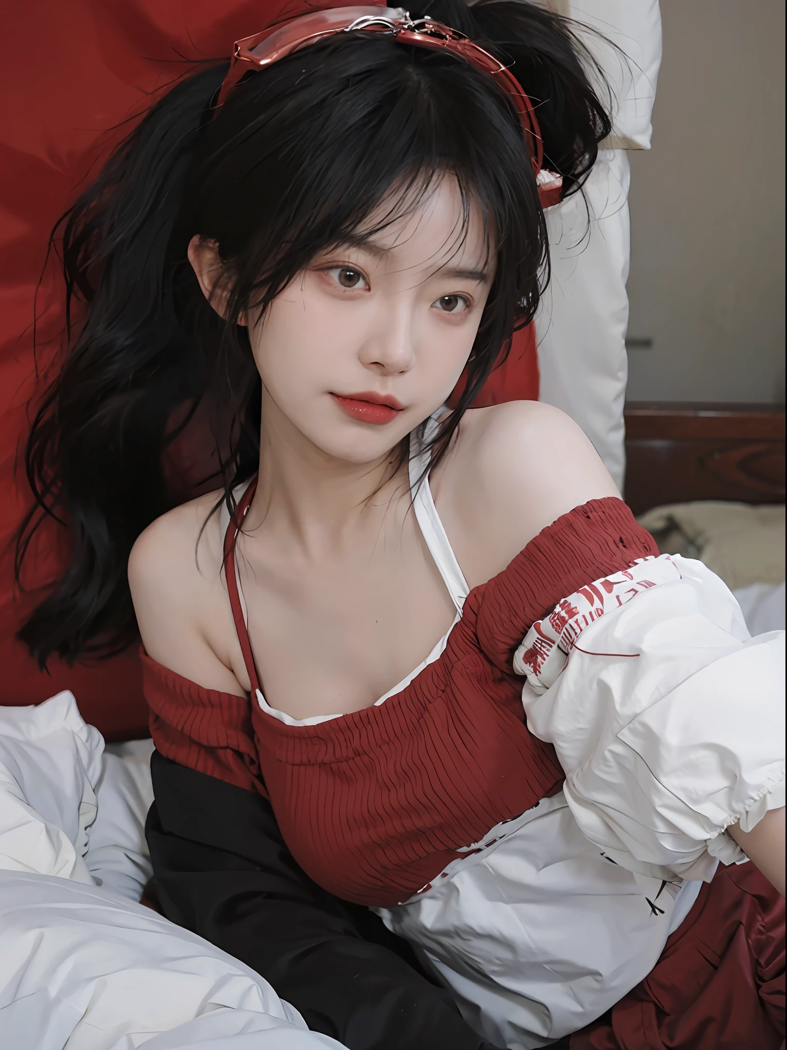 best qualtiy,tmasterpiece,超高分辨率,(true to life:1.4),1girll,Raised sexy,(Red shoulder top:1.9),Red shoulder top,(red colour),(Black shorts:1.9),(pony tails:1.9),(red headgear:1.9)(natta:1.9), (natta),Glowing skin,A detailed eye, 二重まぶた,White skin of the,Sleeping on the Bed,(Charming sleeping position:1.9), Upper body photo