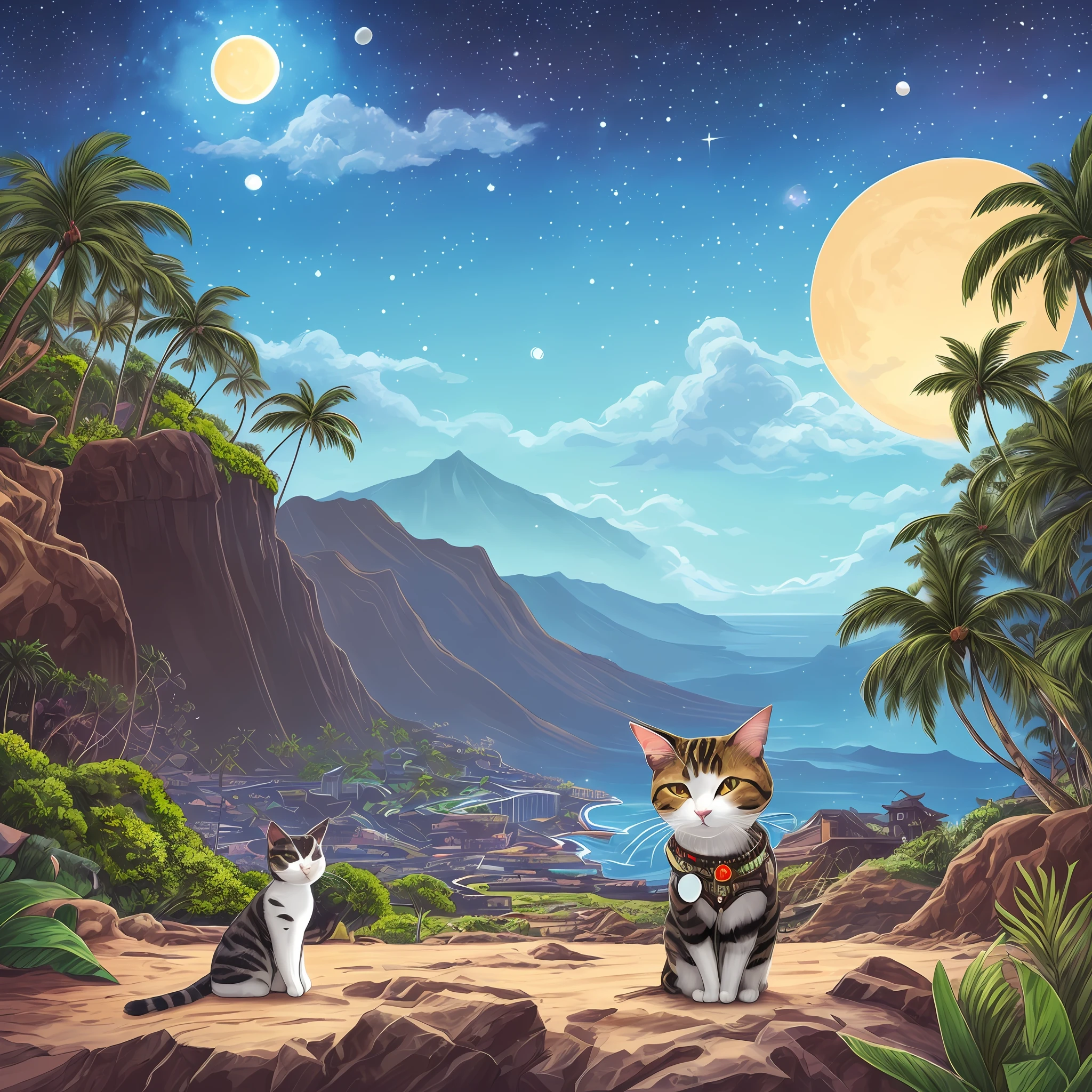 1. 「Cyborg Cat's Hawaiian Adventure」：Illustration of a cyborg cat adventuring in the beautiful nature of Hawaii。
2. 「Daily life of Hawaiian cyborg cats」：Illustration of cyborg cat relaxing on beach or café in Hawaii。
3. 「Cyborg cat and Hawaiian night sky」：Illustration of a cyborg cat with a cosmic atmosphere in the background of the starry sky of Hawaii。
4. 「Cyborg cat participating in a festival in Hawaii」：Illustration of cyborg cat participating in a traditional Hawaiian festival。
5. 「Spotting a mechan cat in the Hawaiian forest！」：Illustration of a cyborg cat meeting an ancient mechan cat in a dense forest in Hawaii。
6. 「Hawaiian style of cyborg cat」：Illustration of a cyborg cat wearing traditional Hawaiian costume。
7. 「Hawaiian Cyborg Cat Surfing」：Illustration of a cyborg cat enjoying surfing in a surfing landscape in Hawaii。
8. 「Energy-filled at Hawaiian Waterfalls！」：Illustration of a cyborg cat charging power at a waterfall in Hawaii。
9. 「Cyborg cats exploring ancient ruins in Hawaii」：Illustration of a cyborg cat adventuring in a mysterious ruin in Hawaii。
10. 「Cyborg Cat Festival in Hawaii」：Illustration of cyborg cat dancing at colorful festival in Hawaii。 --auto