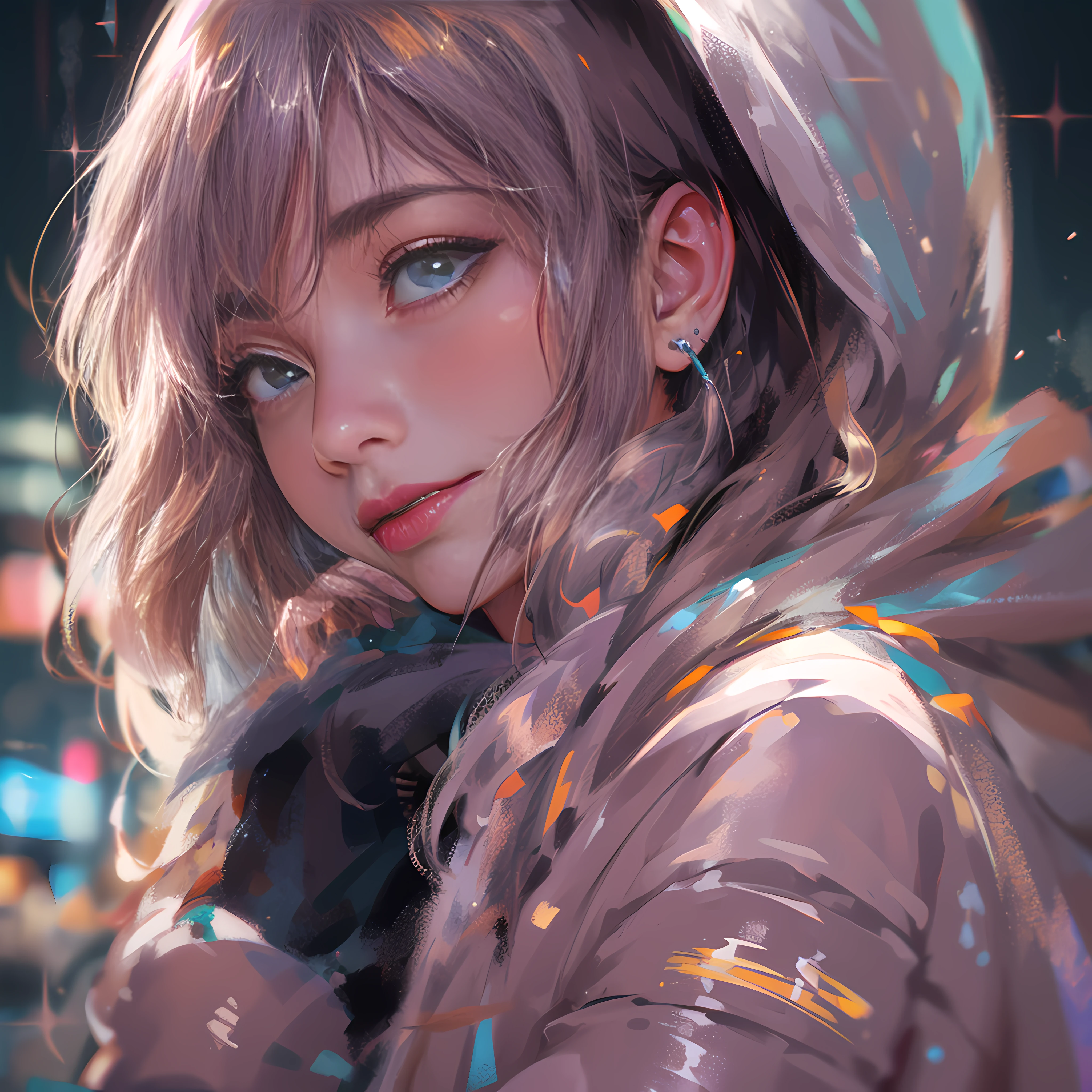 masterpiece, best quality, half body, portrait, night city, 1girl, anime, 3D, Japan, pixar, realistic,  girl, smiling, cute face, harajuku fashion style, rain coat, beautiful, colourful, neon lights, cyberpunk, smooth skin, illustration, artstation, painting by stanley artgerm lau, sideways glance, foreshortening, extremely detailed 8K, smooth, high resolution, ultra quality, highly detail eyes, highly detail mouth, highly detailed face, perfect eyes, both eyes are the same, true light, glare, Iridescent, Global illumination, real hair movement, real light, real shadow, real face, hd, 2k, 4k, 8k, 16k, realistic light, realistic shadow, bright Eyes, fluorescent eyes, soft light, dream light