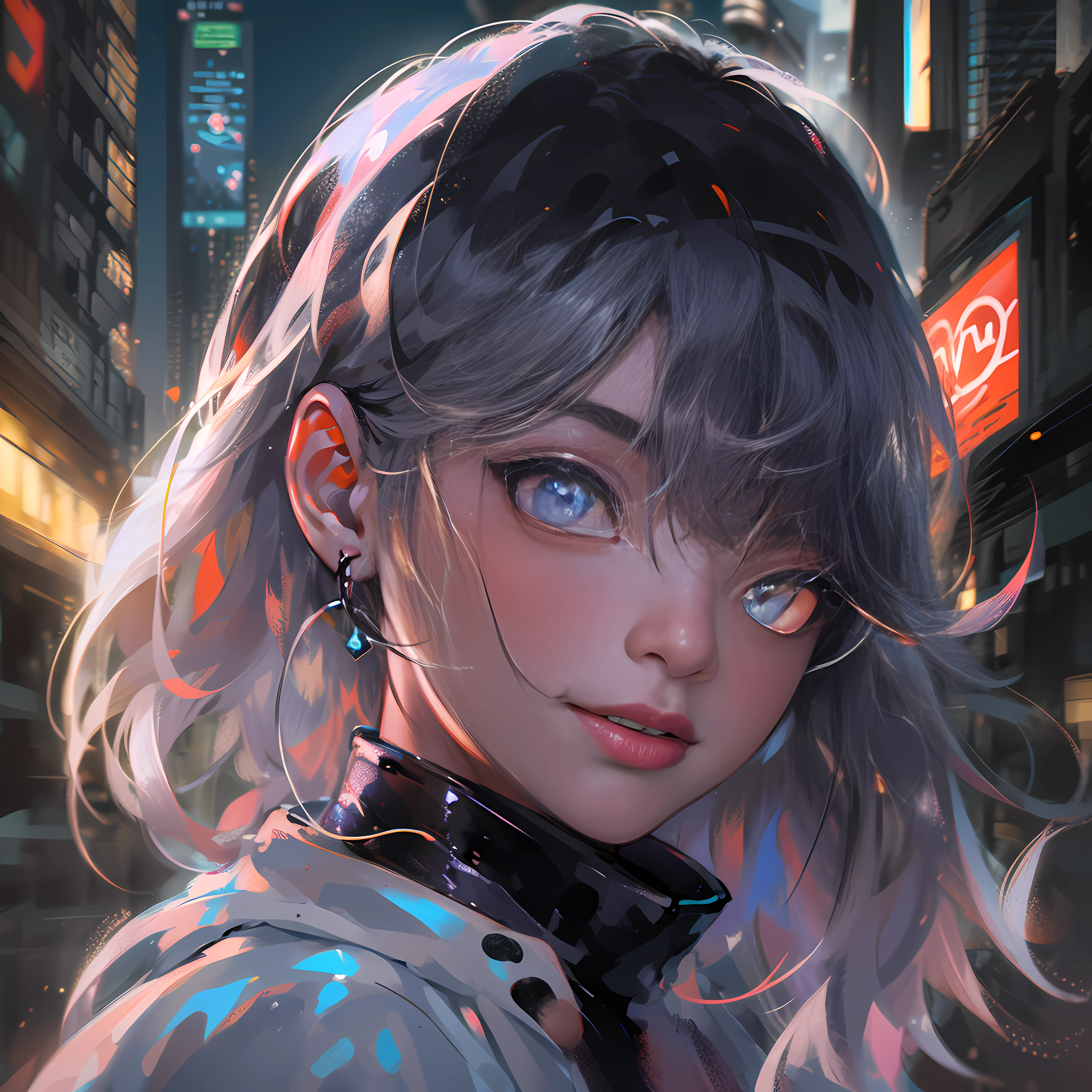 masterpiece, best quality, half body, portrait, night city, 1girl, anime, 3D, Japan, pixar, realistic, girl, smiling, cute face, harajuku fashion style, rain coat, beautiful, colourful, neon lights, cyberpunk, smooth skin, illustration, artstation, painting by stanley artgerm lau, sideways glance, foreshortening, extremely detailed 8K, smooth, high resolution, ultra quality, highly detail eyes, highly detail mouth, highly detailed face, perfect eyes, both eyes are the same, true light, glare, Iridescent, Global illumination, real hair movement, real light, real shadow, real face, hd, 2k, 4k, 8k, 16k, realistic light, realistic shadow, bright Eyes, fluorescent eyes, soft light, dream light