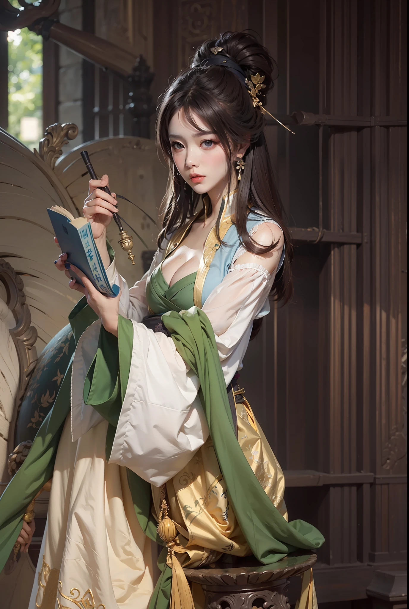 Ancient wind,brunette color hair,Royal Sister,big breasts beautiful,Ladylike,hair adornments,Hanfu,Realistic fingertips,offcial art,Unity 8k壁纸,ultra - detailed,Aesthetics,tmasterpiece,best qualtiy,realisticlying
