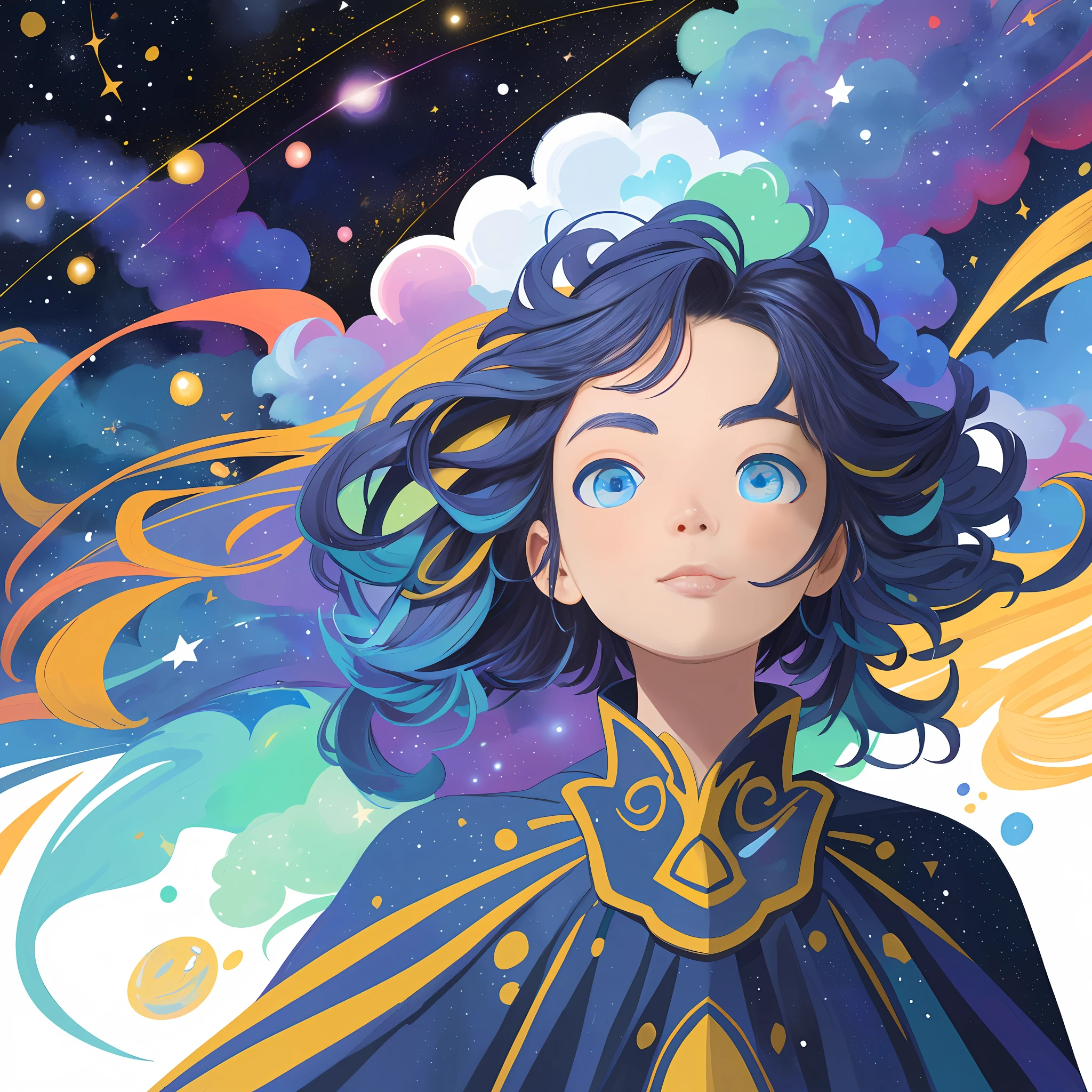 ((masterpiece)), (((best quality))), ((ultra-detailed)), ((illustration)),[realism light effect],shadow,(Fantasy style),(white background:1.6), simple background, (earth theme),(a cloak)[(hair focus,((1girl)),[(big slime hair): (cloud hair):0.3], (hair on background),(high saturation),(Hair is surrounded by galaxy splashes），））：（（Her hair is turning into a galactic cloud，：1.27628），（Hair and clothes are galactic clouds and star clusters：1.1025），（The cloak is turning into a galactic cloud）（colorful_galaxy_print_clusters_of_stars_print：1.35） ,((Detailed starry sky with colorful galaxies and galactic clouds):1.2)):0.35], (((tmasterpiece))),(((best qualtiy))),((ultra - detailed)),(illustratio), (dynamic angle),((floatking)),(Paintwork),((Loose hair)),((beautifull detailed face)),collars,cropped shoulders,((The color hair)),((Striped hair)),Beautiful detailed eyes,(Gradient color eyes),(((Colored eyes))),(((coloured background))),(((high saturated))),(((Surrounded by colorful splashes))),(((Surrounded by colored dots))),Colored bubbles,((shiny)),half-body portrait，