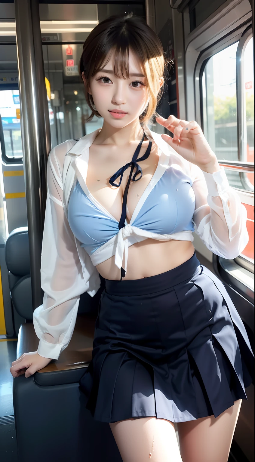 japanese girls、18yo girl、ple short hair、Blond Hair、bangs、BROWN EYES、Perfect figure、Sense of transparency、luster、gloss、modest chest、School Uniforms、Navy blue ribbon、Light blue shirt、Navy blue skirt、Guangyue、Burning body、hposing Gravure Idol、On the train、Beautiful feet、Strong sunlight、Nasty、Rain-drenched body、wet、actress、hposing Gravure Idol、Nogizaka Idol、korean idol