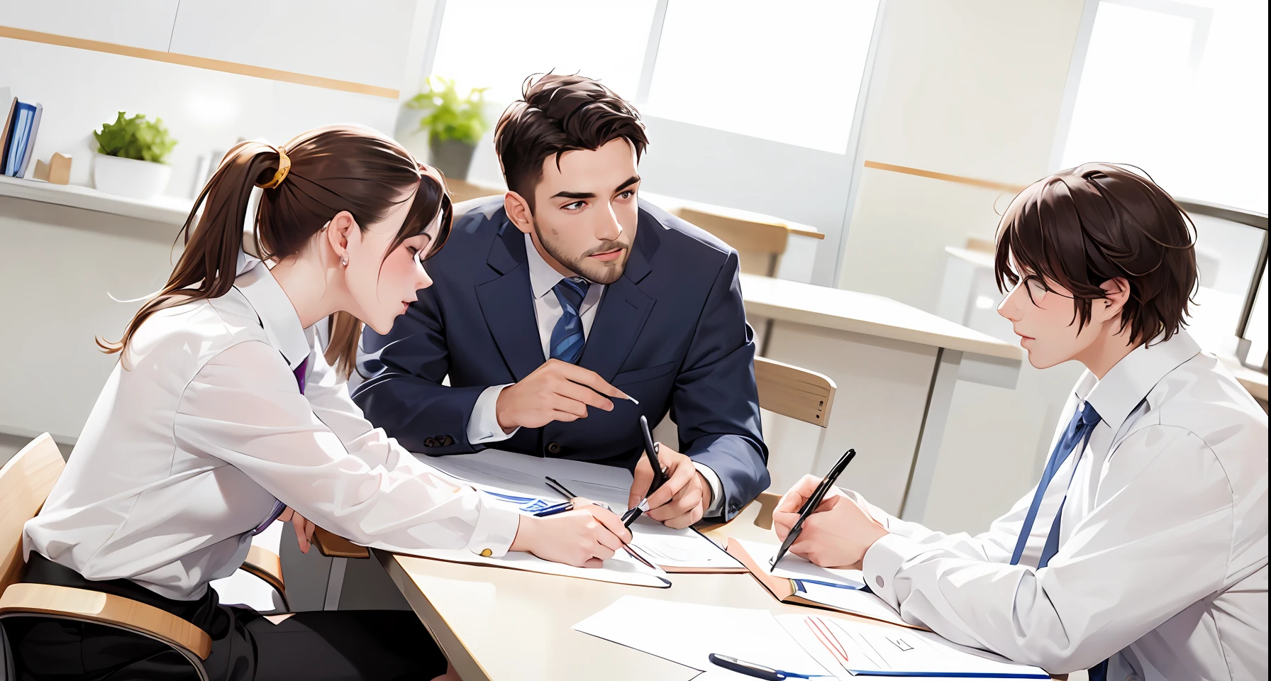 Three people sit at a table,2 males,1 female,Attend meetings with pen and paper in hand, marketing photo, photo - shot, professinal, business meeting, professional image, Professional artwork, Portrait shooting, business surrounding, in meeting together, professional cooperate, photo shot, interesting background, a wide full shot, Twinkle, people at work, inhale, complaints, full resolution