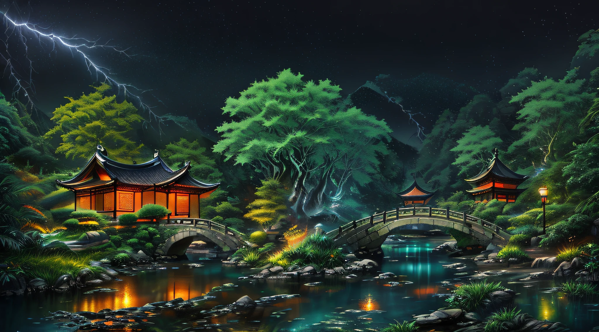 ((diffuse colors)) Ancient Chinese architecture, cool colors, dark night, moon, garden, bamboo, lake, stone bridge, rockery, arch, corner, tree, running water, landscape, outdoor, waterfall, grass, rock, intense rainfall, thunderstorm, vines all around, giant and wet trees, with glowing leaves in the trees, glowing fireflies and glowing particle effects, masterpiece, best quality, high quality, extremely detailed CG unity 8k wallpaper, oil paiting, award winning photography, Bokeh, Depth of Field, HDR, bloom, ,Photorealistic,extremely detailed, trending on artstation, trending on CGsociety, Intricate, High Detail, dramatic, art by midjourney, volumetric lighting