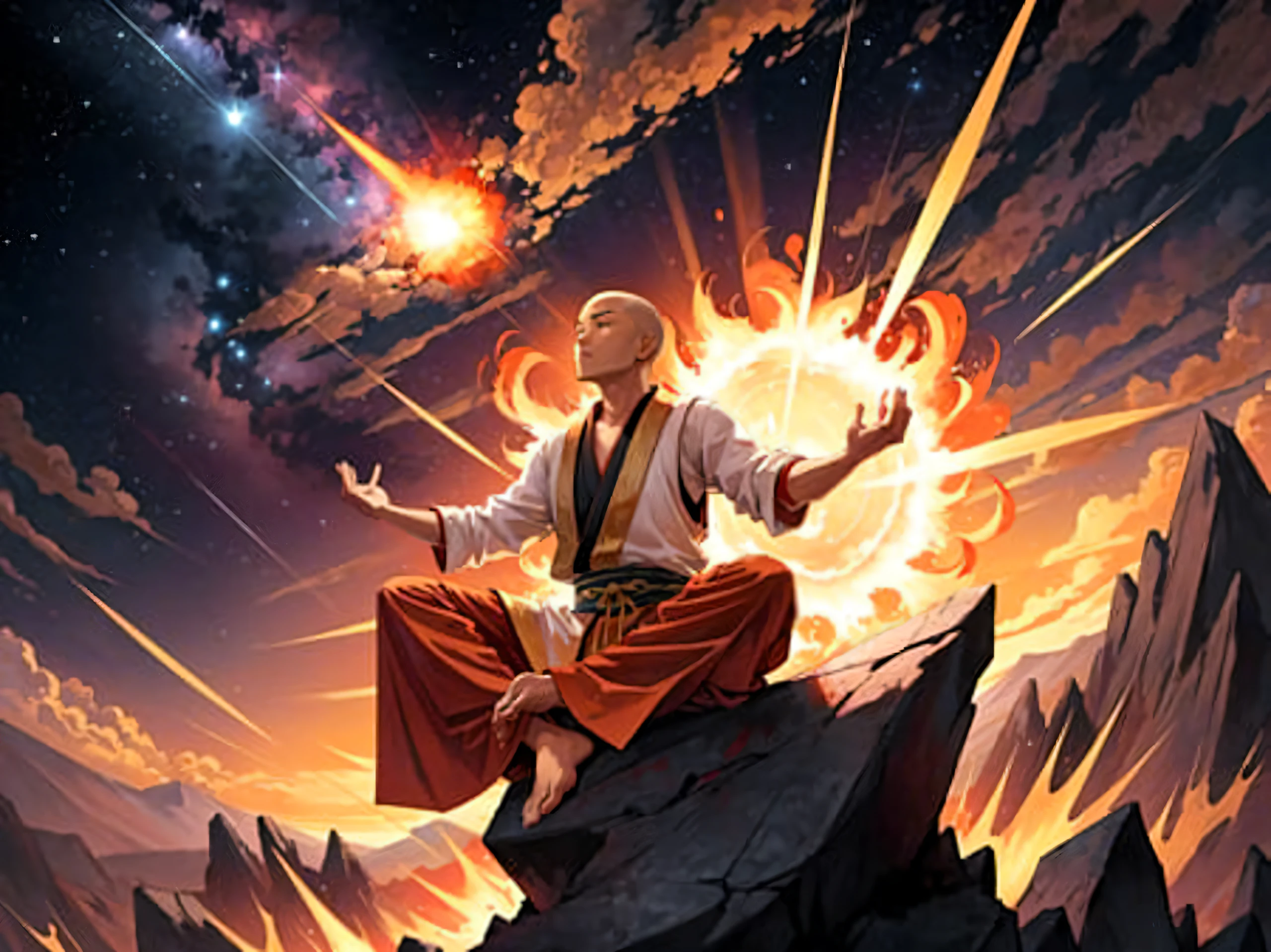 A Shaolin Monk meditates at the base of a mountain, the sky a blood-red hue. Suddenly, a meteor falls from the heavens and crashes into the earth, exploding in a brilliant flash of light. The monk remains undisturbed, his gaze fixed on the horizon. Even in the face of such a powerful force of nature, he remains focused and still.