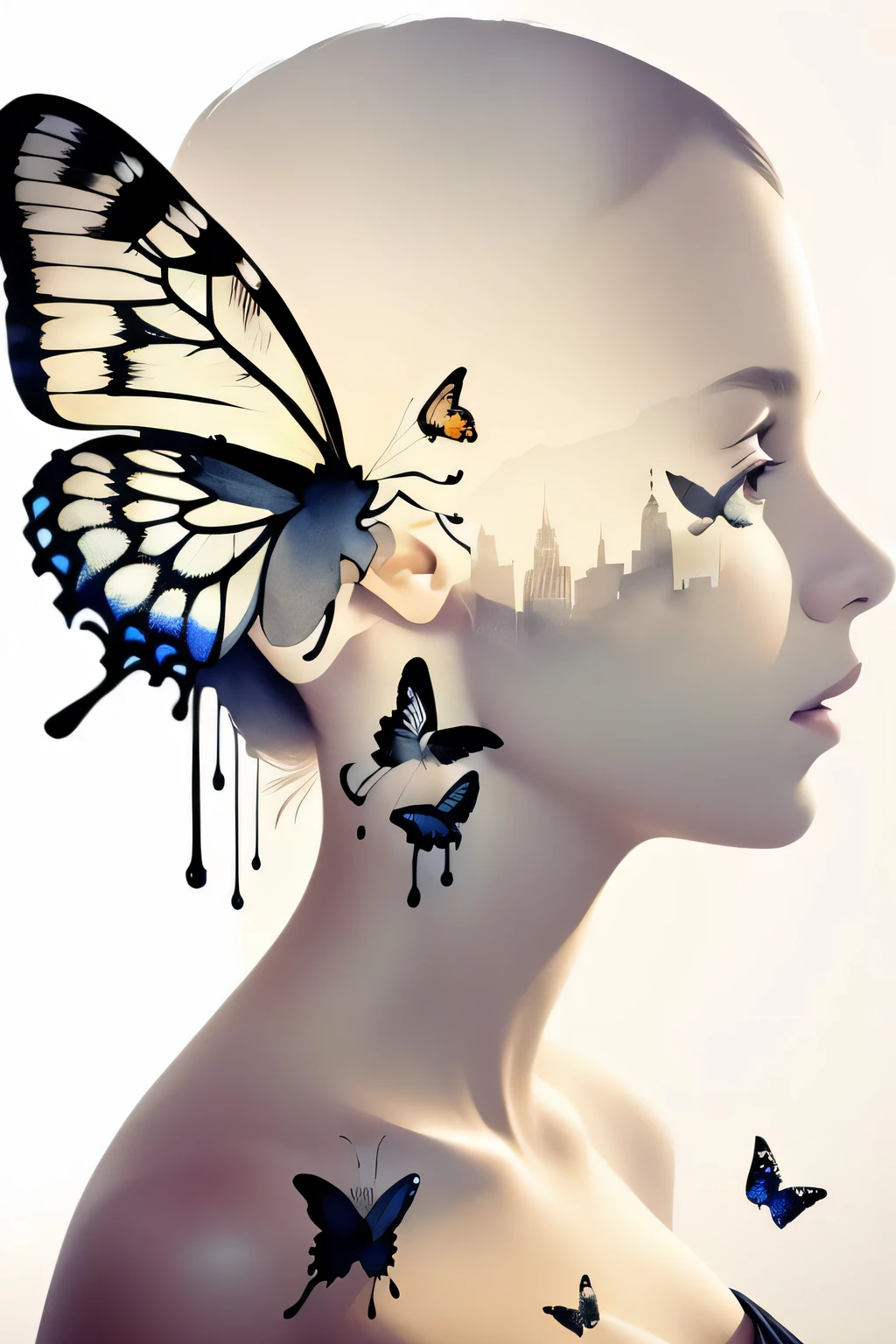 (Double exposure),1girl,white background,(solo),( ink painting),dripping,(butterflies),masterpiece,best quality