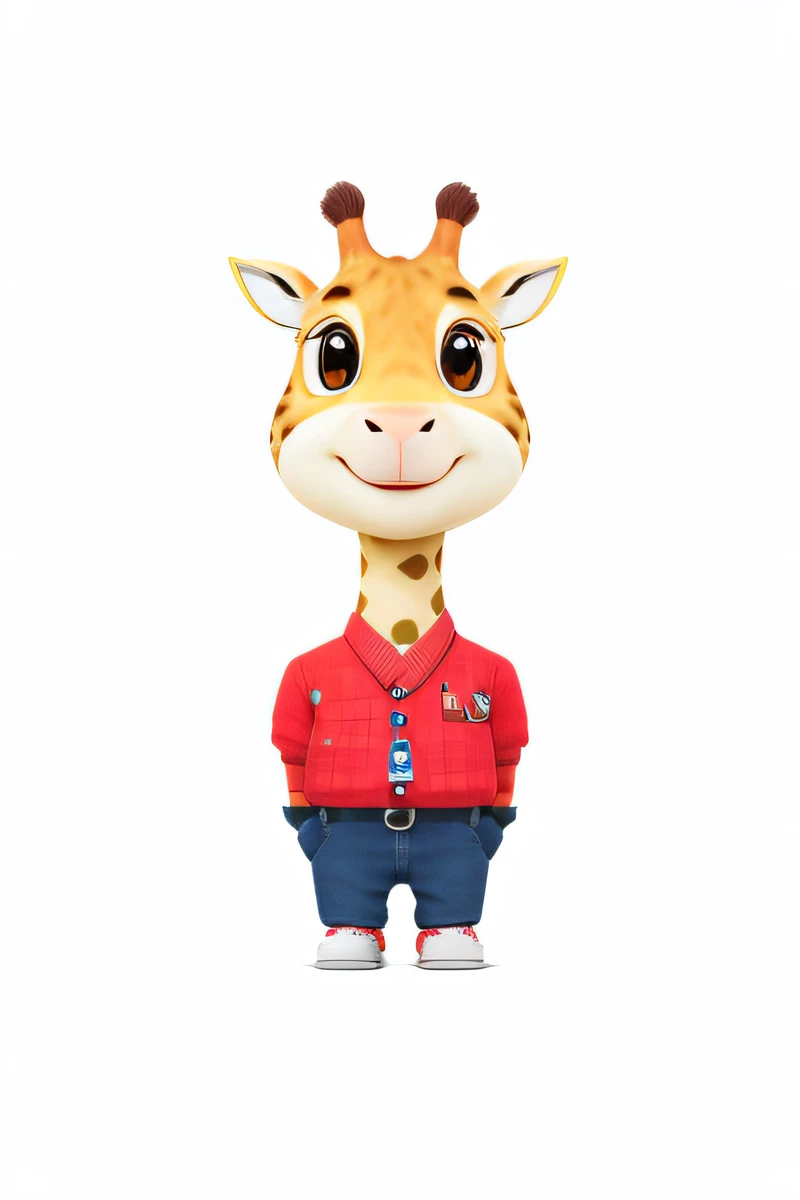 "The picture is of high quality,Cartoon giraffe wearing red shirt and jeans,Wear a red bow tie,Her name is Sophie,Outstanding personality。The scene is a roof,Clearly visible under the Sony Alpha 9 camera。This character is a Japanese grain mascot,Realistic 3D models,Super cute and cute。"