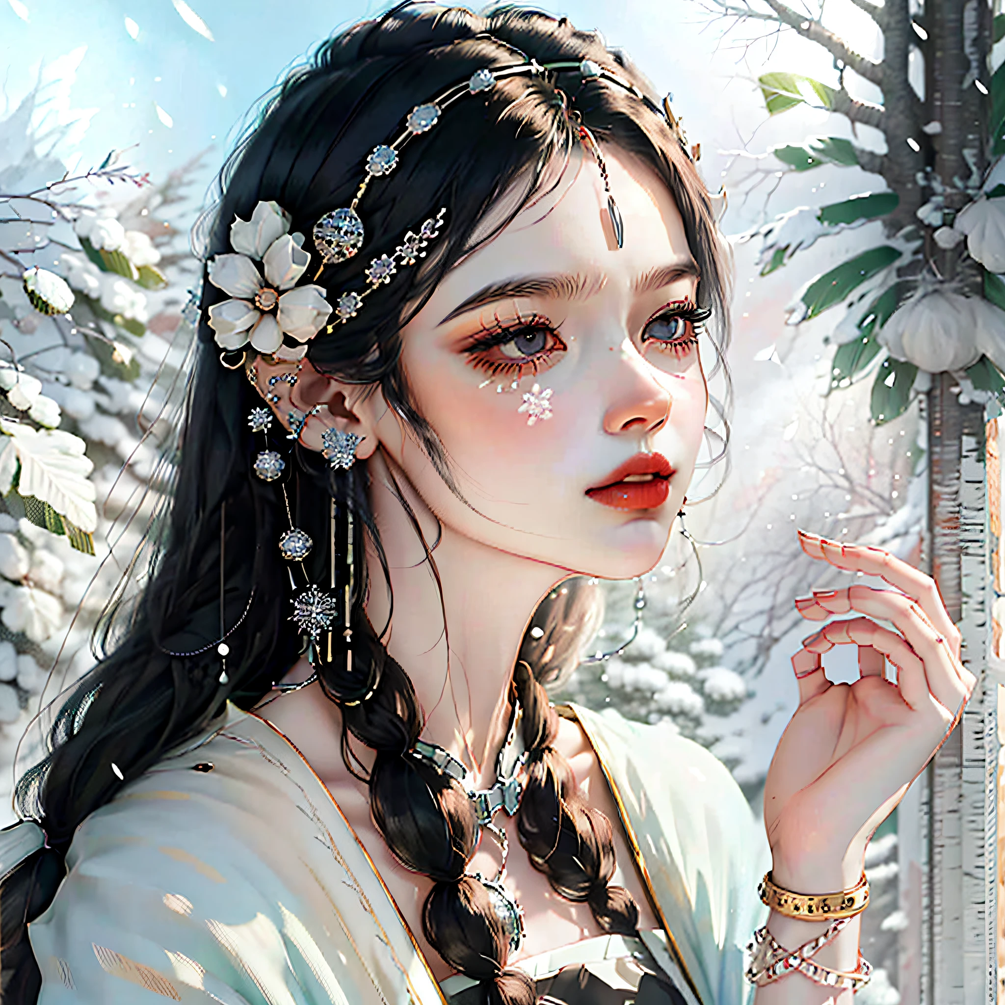 female pervert, black hair, black hairband, snowflake hair ornament, bone hair ornament, En plein air, 16k --auto