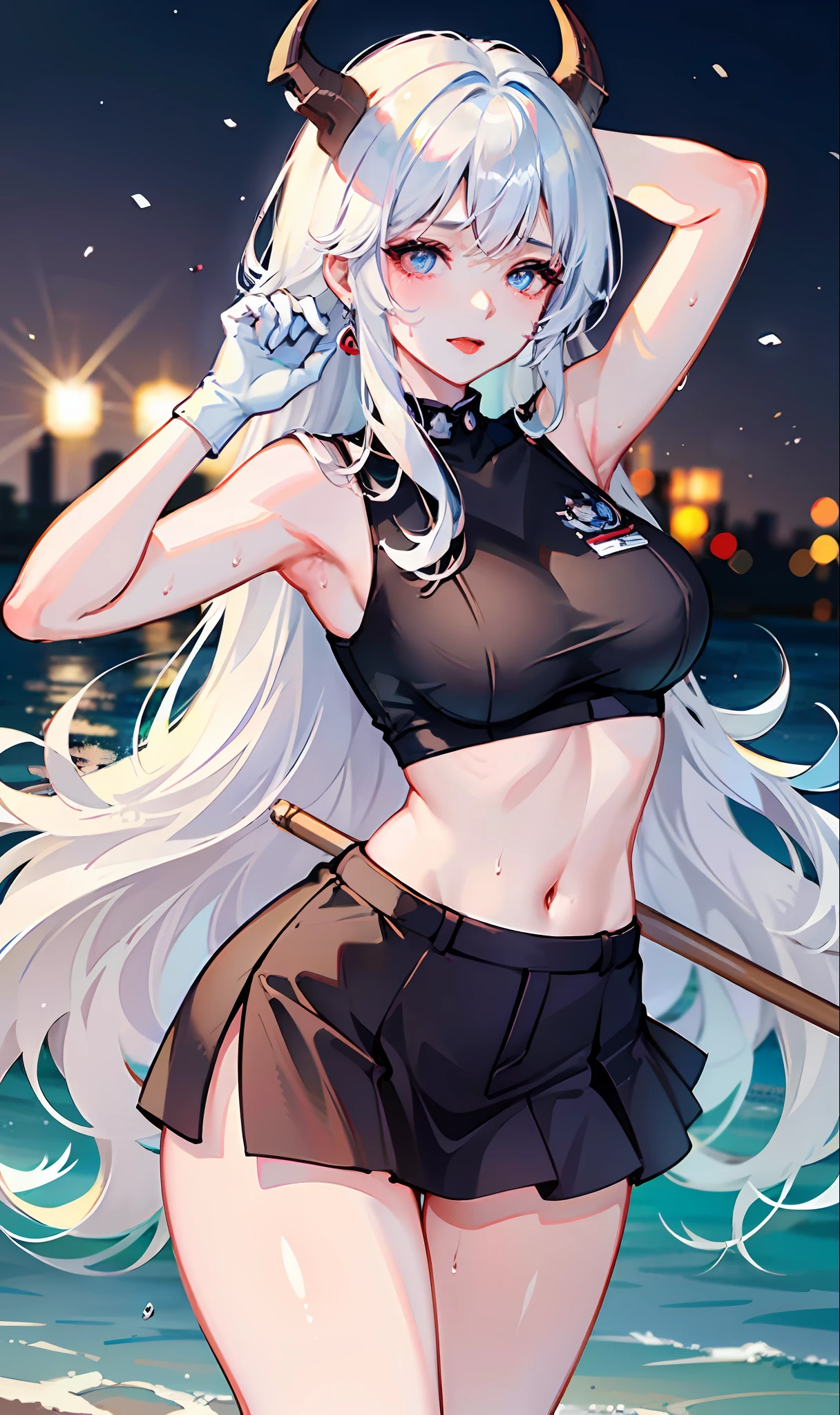 Beautuful Women、(​masterpiece))、top-quality、high-level image quality、g-cup、ultra-detailliert、ighly detailed、face perfect、独奏、large full breasts、beatiful backgrounds、White hair、length hair、light blue  eyes、Wide waist、the presence of horns on the head、Ecchi、Larger buttocks、Beautiful waist、Full body like、Crouch cowgirl、Stick out your tongue、red tide、sexual excitement、(Rut:1.5)、(Wearing sweat:1.4)、Stuffiness、Ahegao、Torogao、Long Gloves to Elbows、white glove、Realistic moisturized skin、(soaked body:1.3)、Eye of Detail、erotick、hairarmpits、Bedroom、Glows、Sheer are visible、transformational、Streaks in the crotch、Visible through lingerie、cum on、Raise your arms to your head、((((She is in uniform))))、((Wearing a miniskirt))