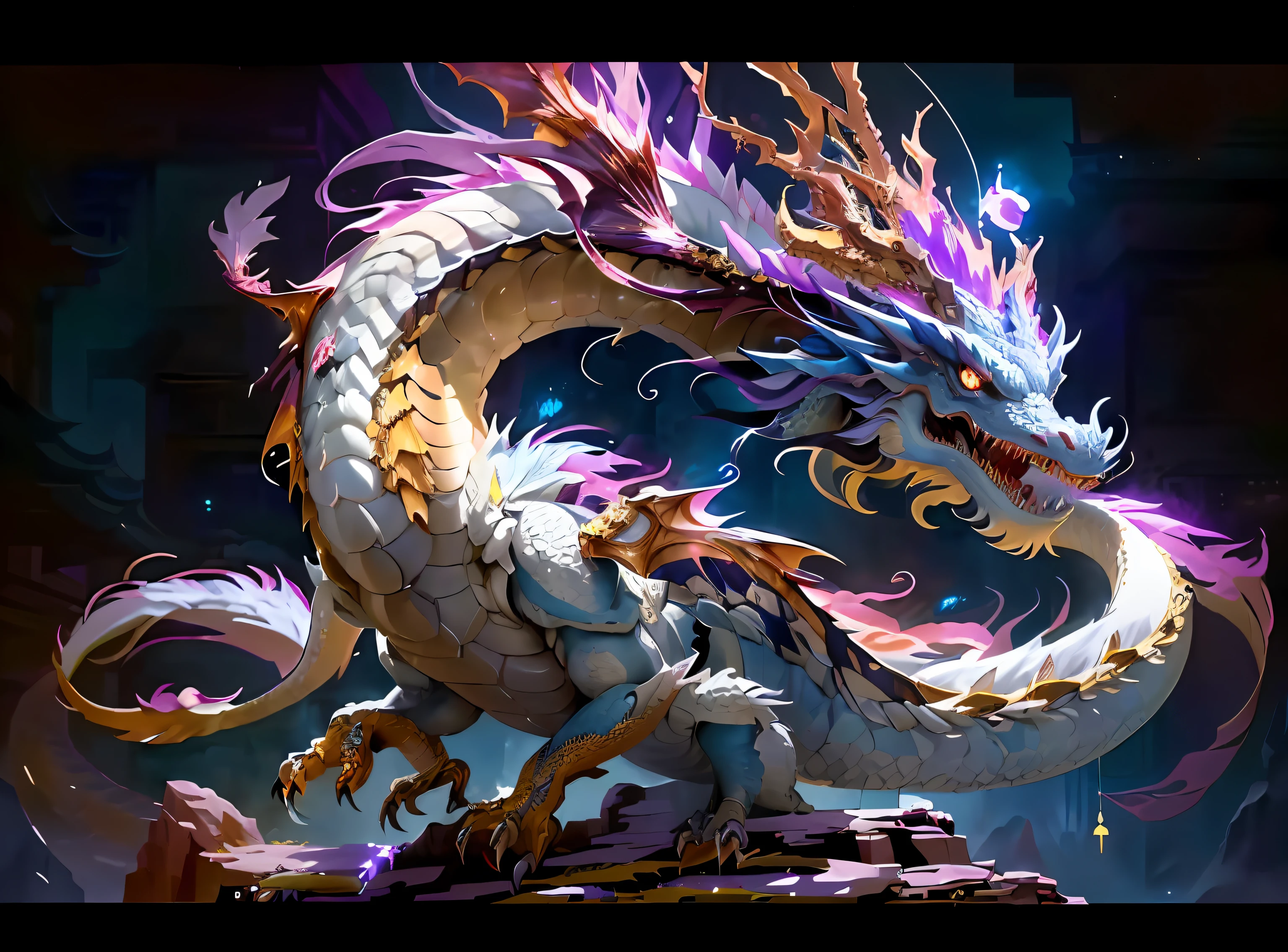 Close-up of the long-tailed dragon, chinese dragon concept art, drak, Legendary Dragon, 8K high quality detailed art, Dragon Art, Majestic dragons, colossal dragon as background, mythological creatures, by Yang J, epic dragon, ultraterrestrial dragons, smooth chinese dragon, oil painting of dragon, Cyan Chinese Dragon Fantasy Best Quality, tmasterpiece, 超高分辨率, (The long: 1.2), without humans, clouds, buliding, east asian architecture, Purple eye, banya, with her mouth open, Skysky, fang, a Oriental Dragons, overcast day, teeth, flight, Purple fire, The bird, wings