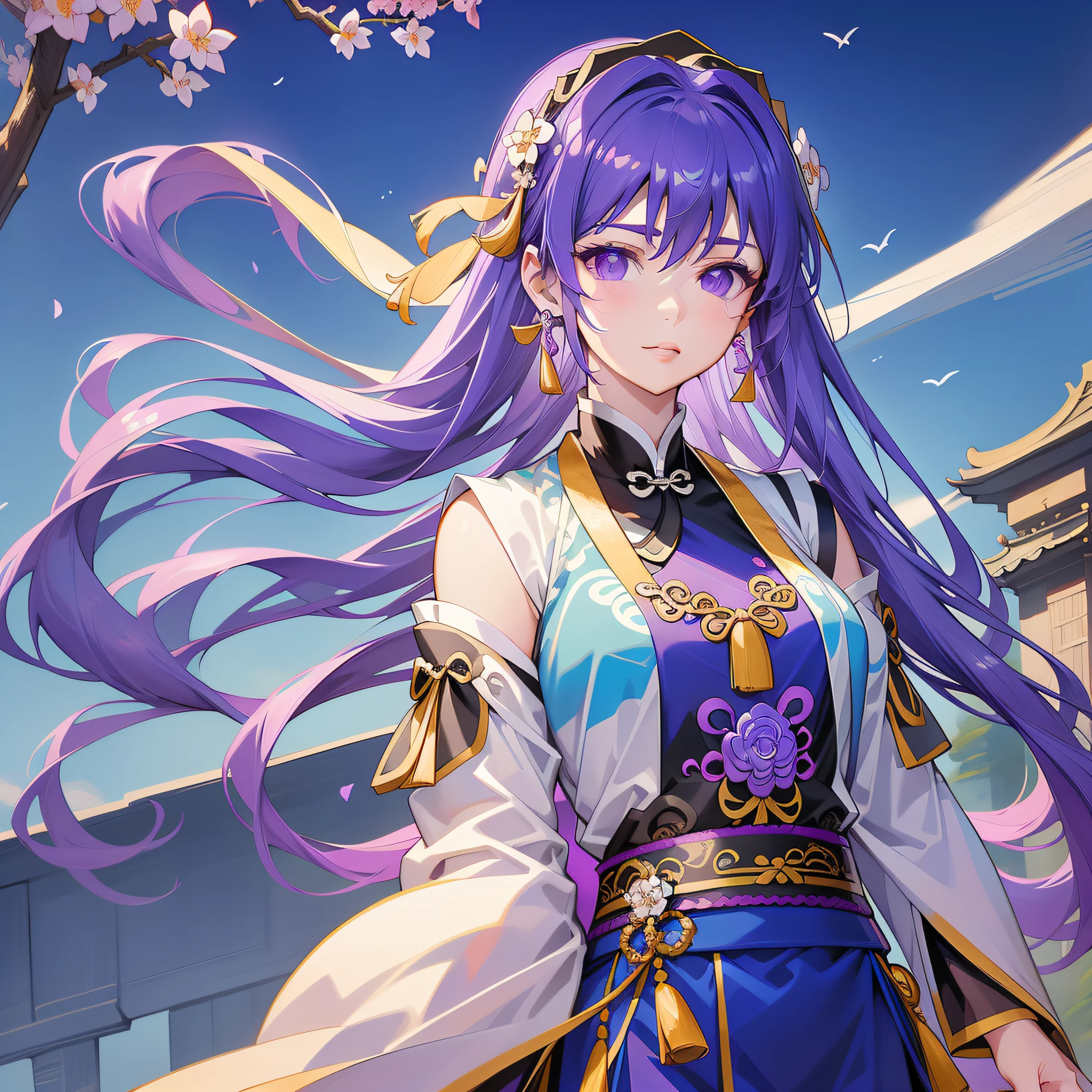 Mature girl, purple eyes, blue-white hair color, floating hair, delicate and flexible eyes, intricate damask hanfu, gorgeous accessories, wearing pearl earrings, fov, f/1.8, masterpiece, ancient Chinese architecture, blue sky, flower petals flying, front portrait shot, Chang'e, side lighting, sunlight on people, 8K