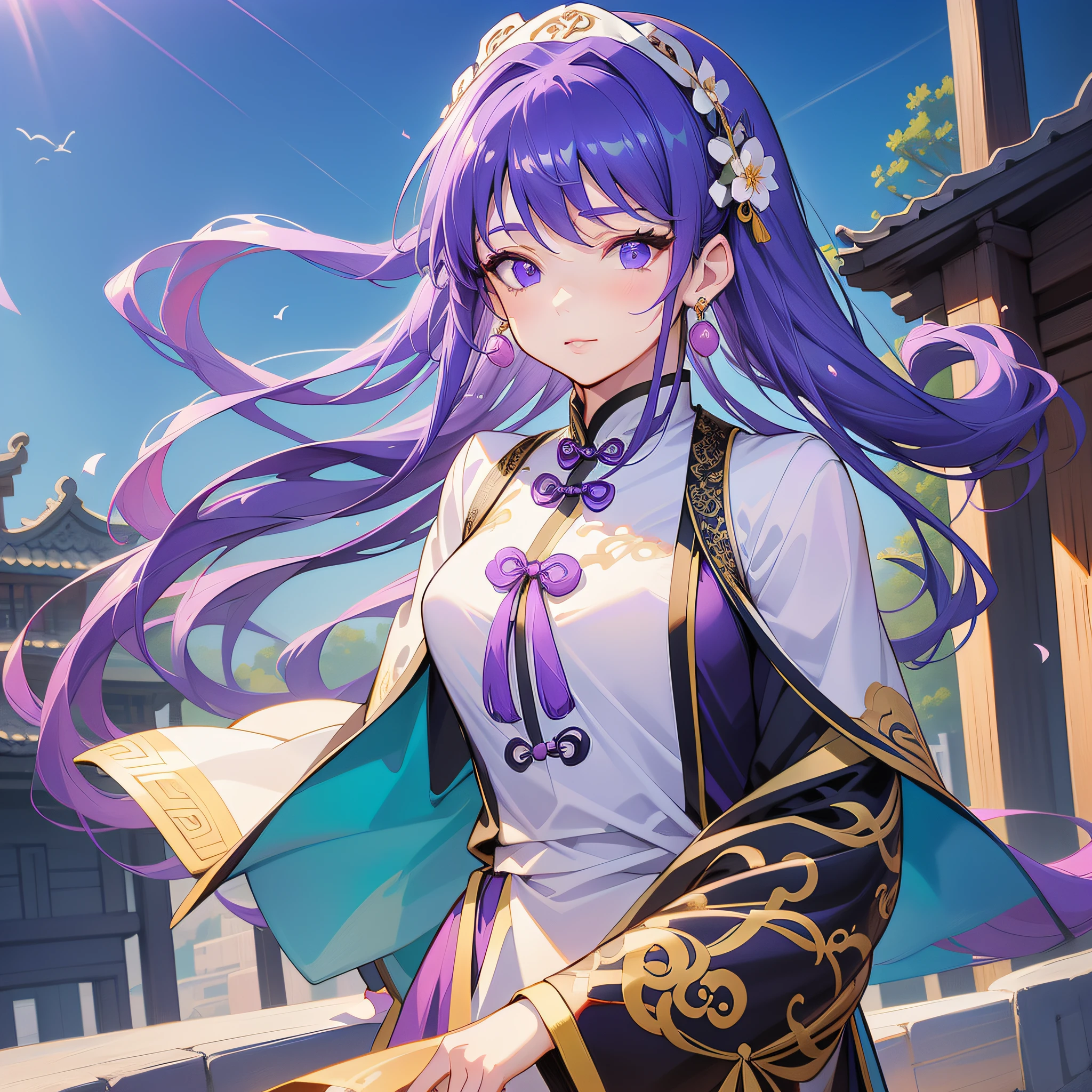 Mature girl, purple eyes, blue-white hair color, floating hair, delicate and flexible eyes, intricate damask hanfu, gorgeous accessories, wearing pearl earrings, fov, f/1.8, masterpiece, ancient Chinese architecture, blue sky, flower petals flying, front portrait shot, Chang'e, side lighting, sunlight on people, 8K