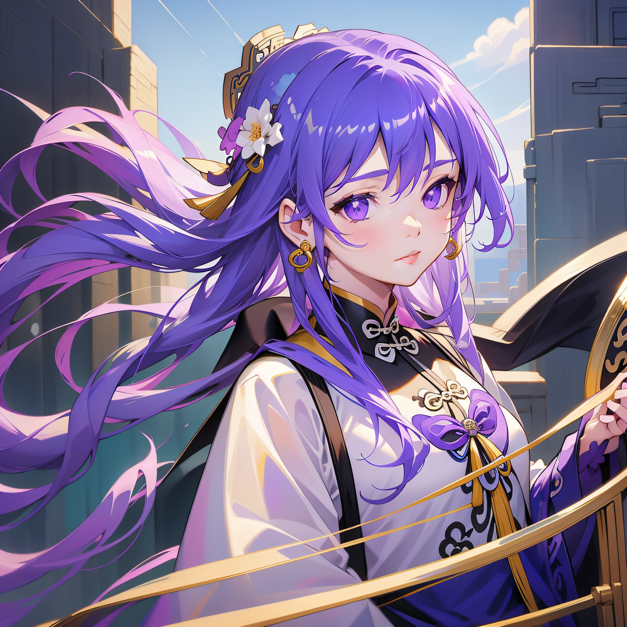 Mature girl, purple eyes, blue-white hair color, floating hair, delicate and flexible eyes, intricate damask hanfu, gorgeous accessories, wearing pearl earrings, fov, f/1.8, masterpiece, ancient Chinese architecture, blue sky, flower petals flying, front portrait shot, Chang'e, side lighting, sunlight on people, 8K