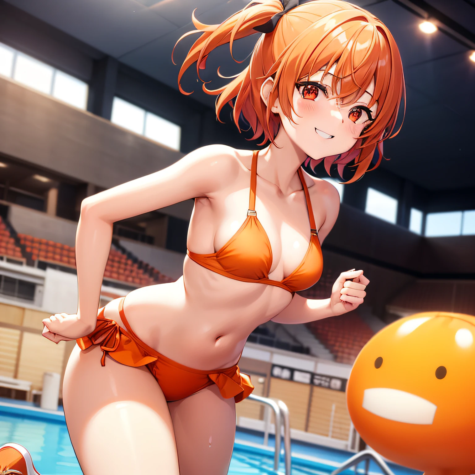 1girl in, {{{{Yu Kitazawa}}}}, {Band Dream!}, Orange hair, Red Eyes, Short hair, Small breasts,Orange high-leg bikini、(Orange wrestling shoes)、Indoor pool、Stand on a pool float、is standing、Screen behind、Happy smile、Raise your right hand high