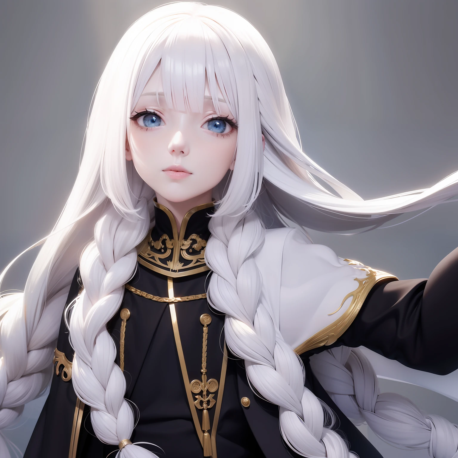 Manteau blanc,white skinned,whaite hair,long braid,Golden eyes,Overlooking,The upper part of the body,Need,tmasterpiece