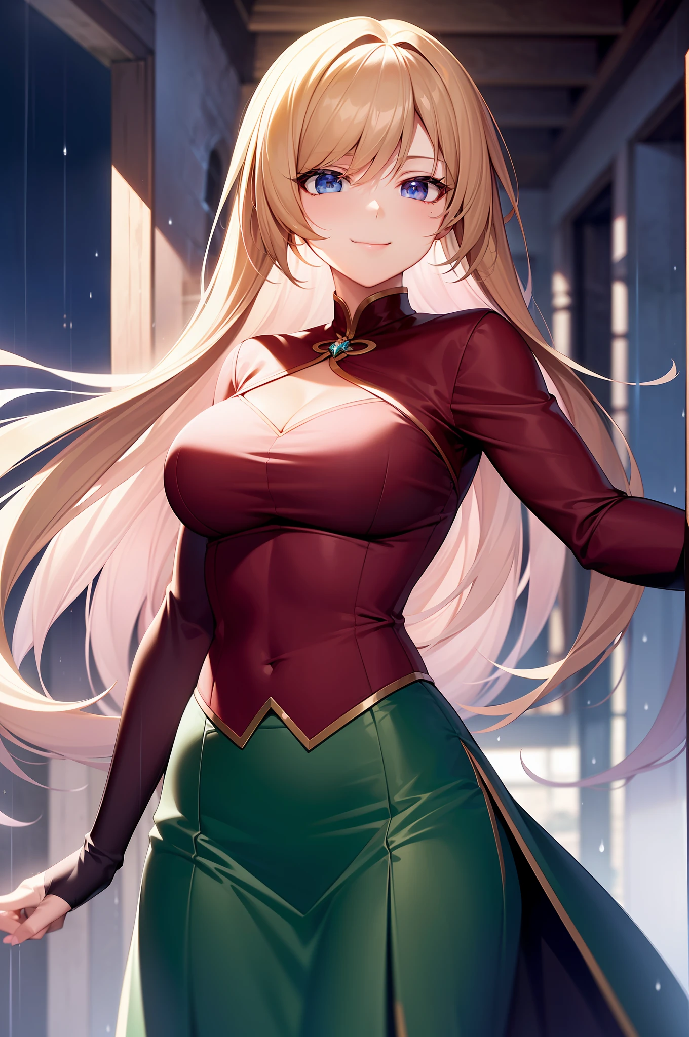 ((European Middle Ages)),tmasterpiece,最好质量,(Hyper-Resolution),4K,(Animation style),Solo,A beautiful woman is smiling,(Perfect upper body for women),Dressed gorgeously((Long loose skirt)),Long gloves,waistcoat,Red Jewel,Rainy days,Under the eaves