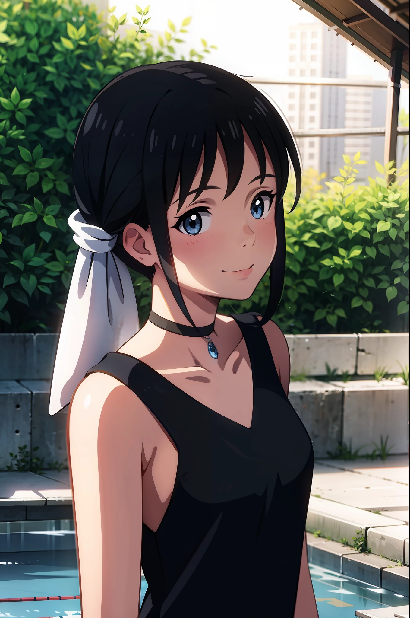 1girll, Smiling, Solo, view the viewer, (standing), (Upper body), Blue eyes, Barefoot, Close, pool-side,  seen from the side, Loves_Hina, Wet hair, Wet, Long black hair, , choker necklace, Neck shooting，had his hands folded，DOA