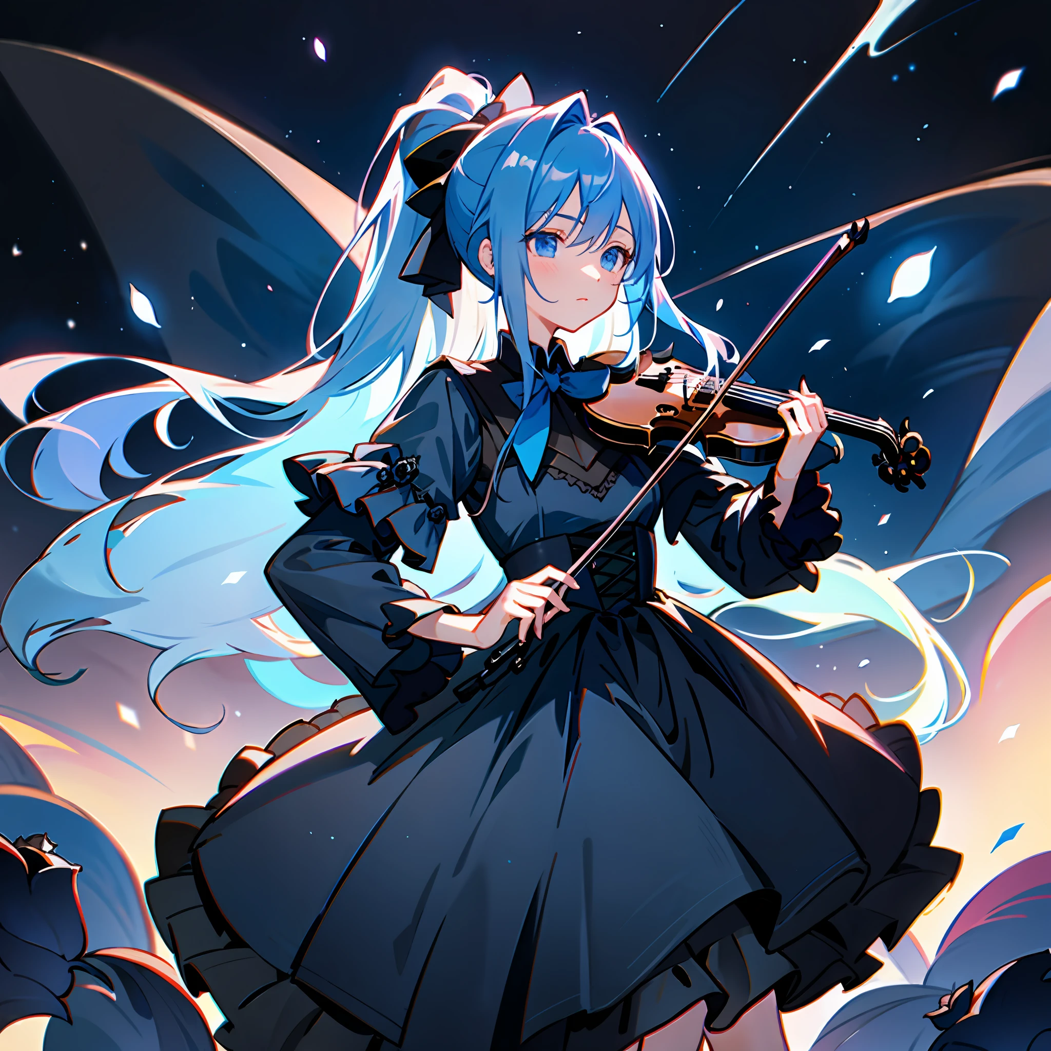 (tmasterpiece):black long dress,Blue rose on the chest,Beautiful starry sky background,dynamic viewing angle,detail-rich,Full of light and shadow,Starry sky filter enhances visual effects,Nero+White light and shadow rendering,Blue long hair(Weight 1.1),The hand-drawn elements are warm and lovely,The violinist plays perfectly,Blue double ponytailed girl playing violin in the starry sky,There is only one girl in a black dress and a blue double ponytail,dual horsetail,dual horsetail,dual horsetail,Blue double ponytail!!!!!!!!!!A blue rose fell on his chest,Girl with blue hair in double ponytail strolling under the stars,She wears a long black dress,Playing the violin。Her blue eyes seemed to bloom with endless tenderness,It gives a dreamlike feeling,She had a blue rose stuck in her chest。