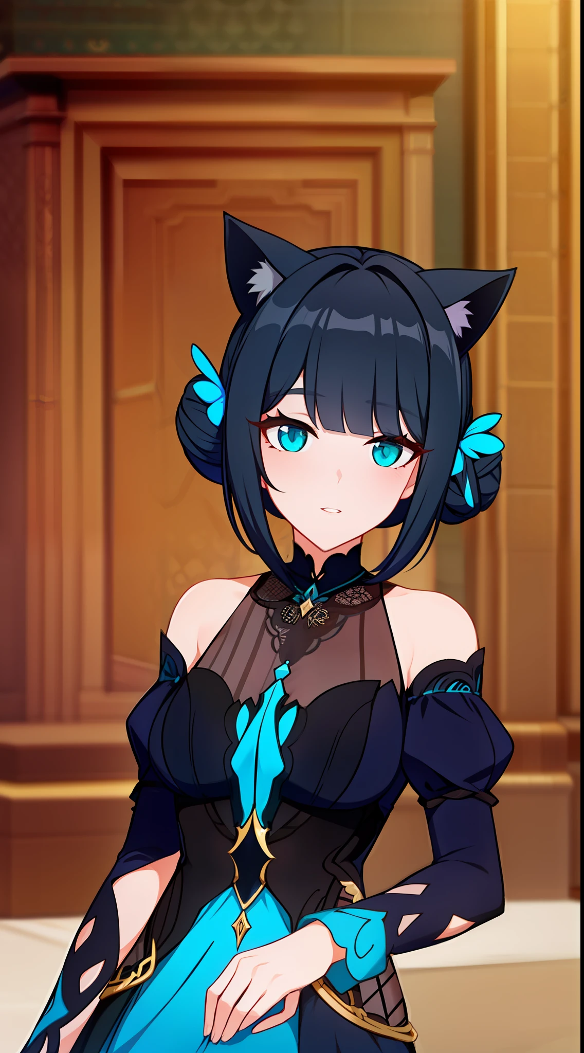 Adult woman, dark turquoise hair in a bun, Cat's ears, turquoise eyes, Rich dress, Masterpiece, hiquality