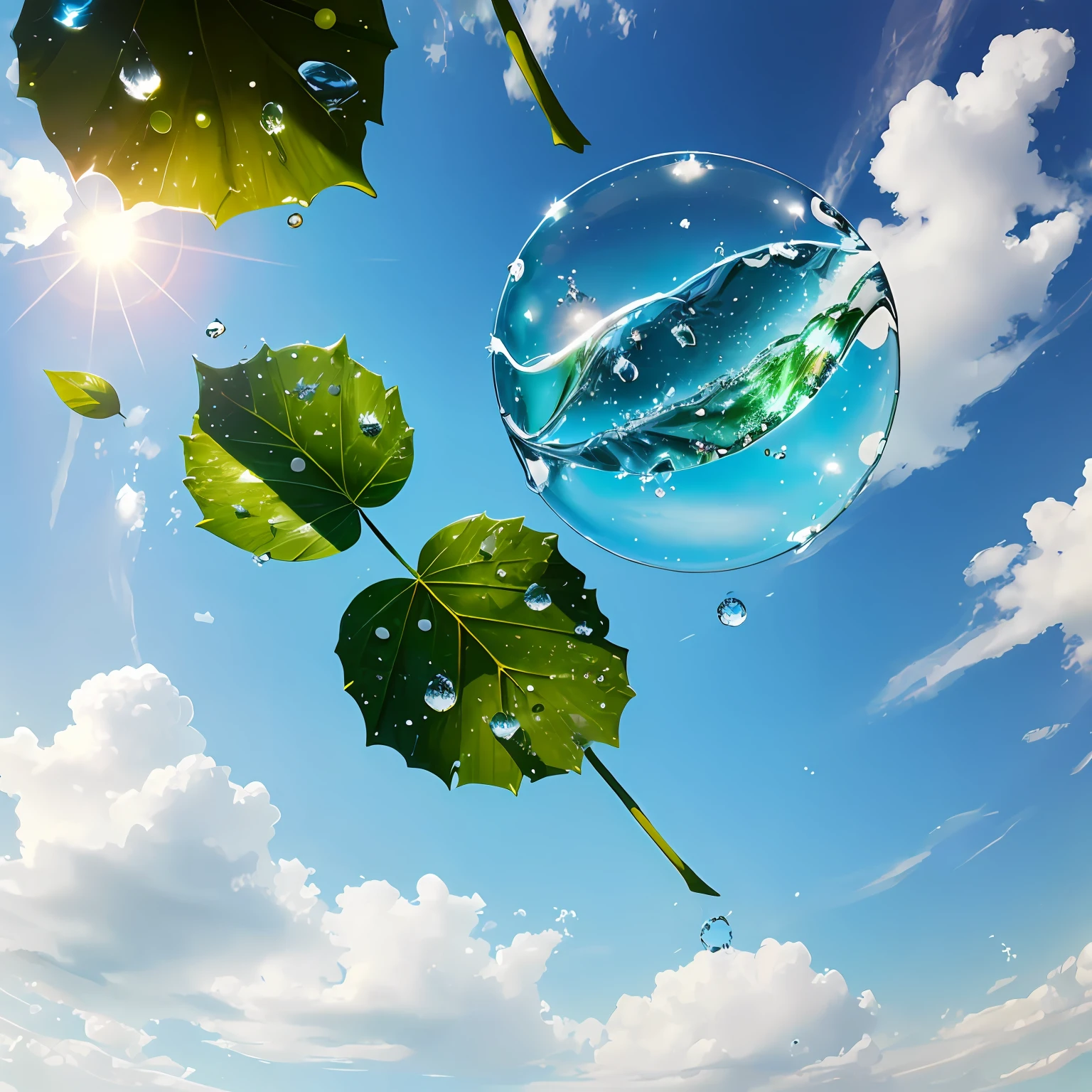 Water droplets on green leaves reflect the blue sky and white clouds，Green energy companies，sense of science and technology，Water droplets are permeable，Futuristic --auto
