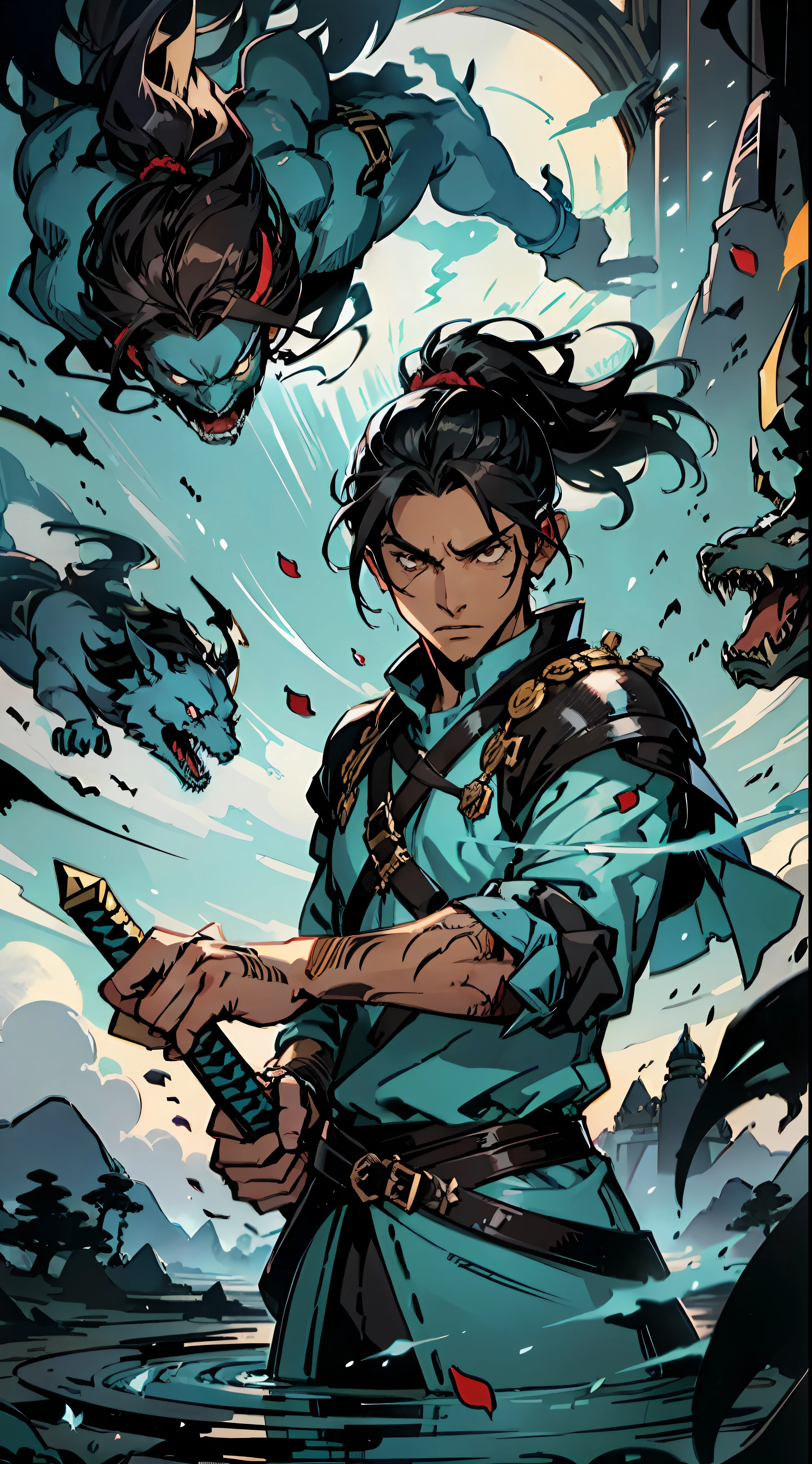 Create an anime-style illustration that depicts a powerful and intense battle scene. The main focus of the illustration should be Nestor, a young and arrogant 22-year-old character with black hair and brown eyes. Your long hair should be tied in a ponytail that reaches your back. Nestor must be dressed in medieval black clothing, adding to his intimidating presence. Nestor is to be portrayed in the midst of the action, showing off his exceptional fencing skills. He must be wielding two swords with precision and confidence, fighting his opponents. The swords should be ornate and visually striking, emphasizing their importance to Nestor's fighting style. Around Nestor, there must be white petals in motion, symbolizing his mastery over his unique ability. The petals should be dynamic, adding movement and energy to the illustration. The background can consist of a chaotic and dramatic setting, such as a ruined battlefield or a gloomy landscape, intensifying the intensity of the scene. Be sure to capture Nestor's determined and arrogant expression, reflecting his confidence in his abilities. Use vibrant colors, detailed strokes, and dynamic poses to highlight the action and intensity of the battle. The overall composition should emphasize Nestor's dominance and dexterity as he faces his opponents.