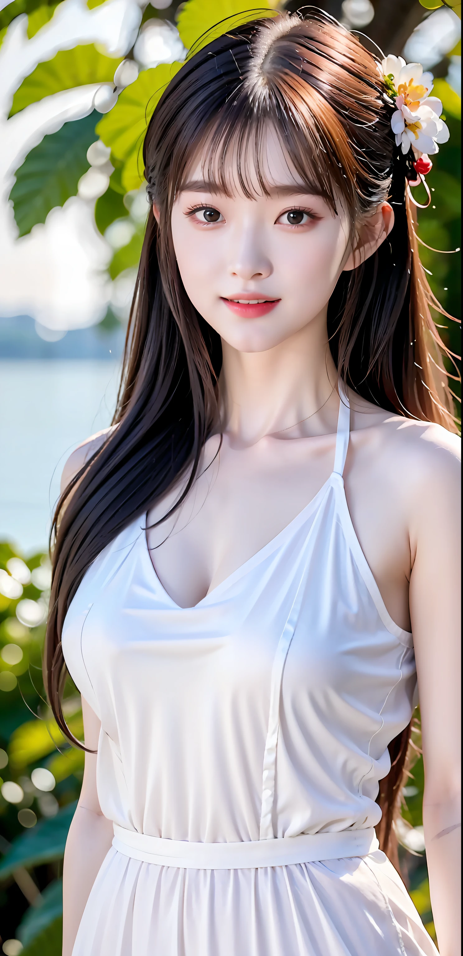 closeup on face, Face shot, (White dress :1.7), short  miko skirt, Long streamers, blonde hairs, golden hair, (Pointed ears: 1.5), (Gold pattern quality:1.3), female pubic hair, with long blond hair, Off-the-Shoulders, Top detail CG quality 4K wallpaper, Master, A Masterpiece, portraits, The middle, Watch the footage, Beautiful Chinese-Korean mixed race idol, ((Super fine face, detailed description of facial features)), Lip biting makeup, Sweet smile, Perfect facial features, Model figure, Good complexion, the trees, branches, Golden meadow, stream, Golden leaves, Evening, Twilight, The setting sun, Twilight, autumn, twin braids, hair strand, diagonal bangs, hair ribbon, hair ornament, forehead jewel, jeweled branch of hourai, crescent hair ornament, fish hair ornament, hime cut, low ponytail, realism, god rays, sparkle, cinematic lighting, lens flare, UHD, high details, high quality, highres, best quality, 8k, 16k, high details, high quality, super detail, anatomically correct, masterpiece, ccurate