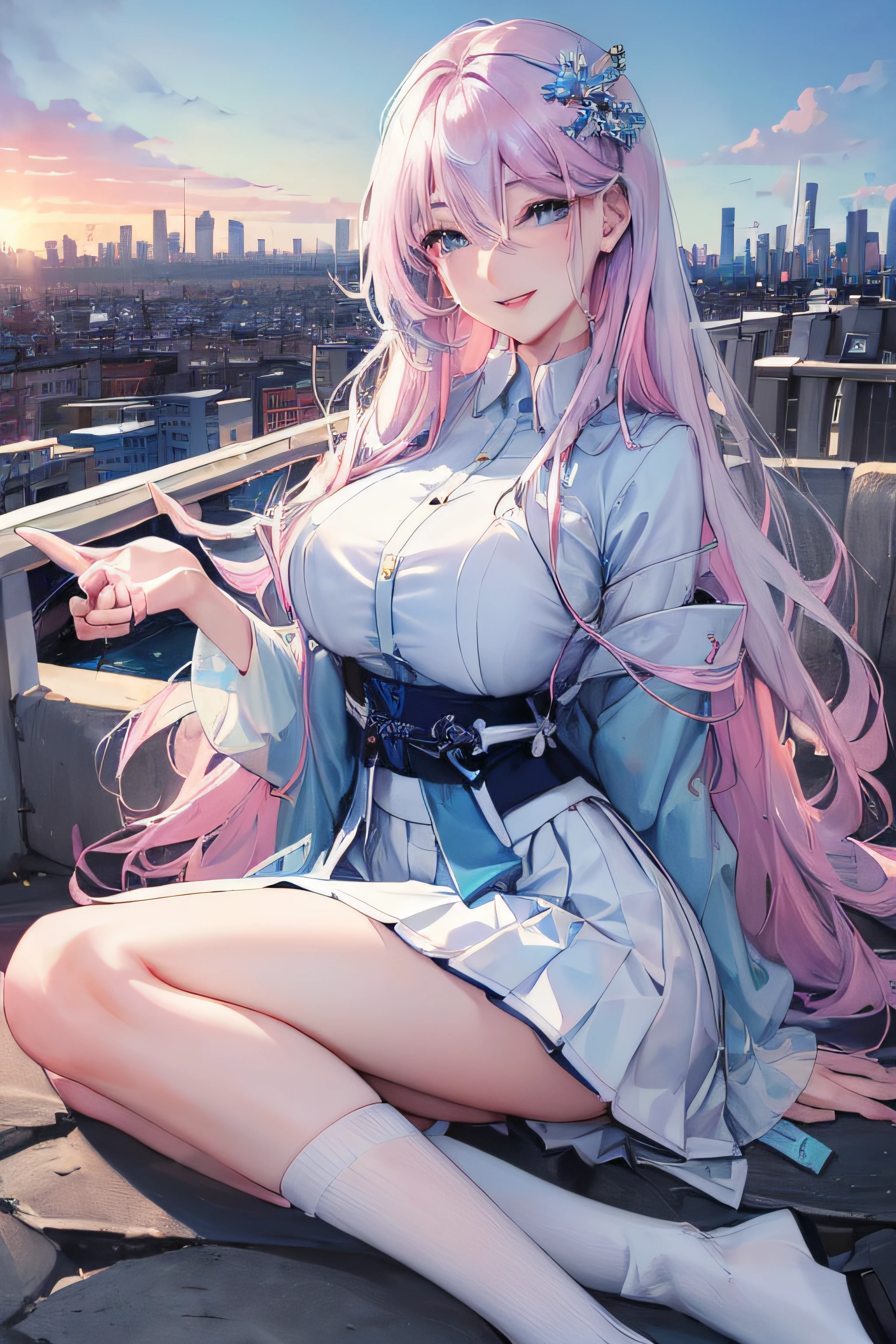 official art, masterpiece, sharp focus, (beautiful gorgeous cute Korean woman:1.3), (beautiful cute korean:1.3), korean beauty, Delicate and beautiful hair and eyes and face, realistic, ultra detailed, beautiful girl, blue sky, glow white particle, (sidelighting:1.2), sun light, white cloud, detailed clouds, slender, Lovely very large breasts and very large hips, smile with teeth, ((smile with eyes, open both eyes)), scenery, long straight hair, sexy facial expression, building, (cityscape:1.7), dynamic hair, long straight hair, detailed platinum pink hair, glow blue eyes, (blue pleated shirts + white skirt), white long socks, pale skin, hair ornament, epic scenery,