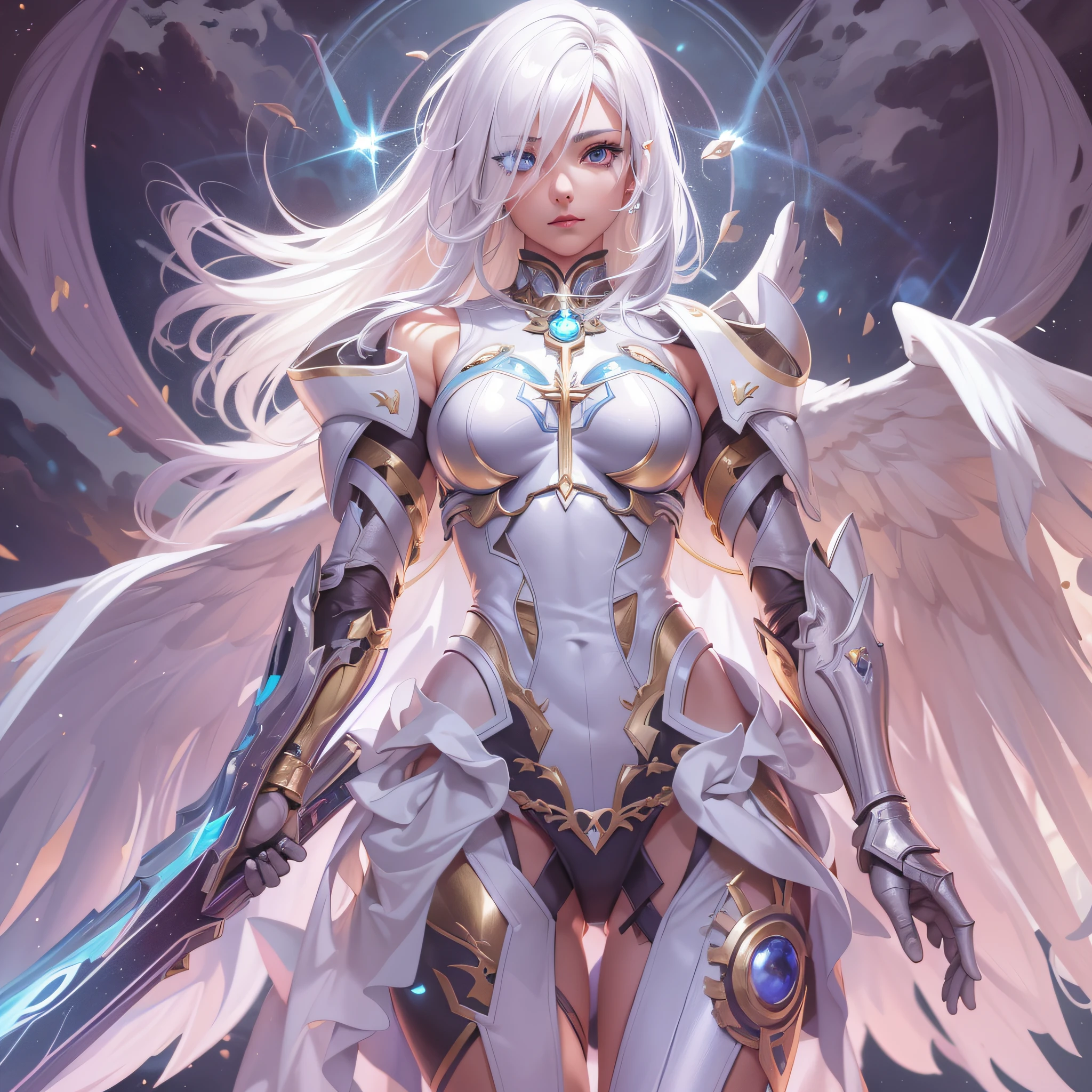 a woman in a costume with a sword, beautiful cyborg angel girl, extremely detailed artgerm, anime goddess, knights of zodiac girl, white haired deity, pin on anime, anime fantasy artwork, beautiful alluring, anime woman, female action anime girl, perfect android girl, cyborg goddess in cosmos, artgerm on artstation pixiv, centered, negative_space
