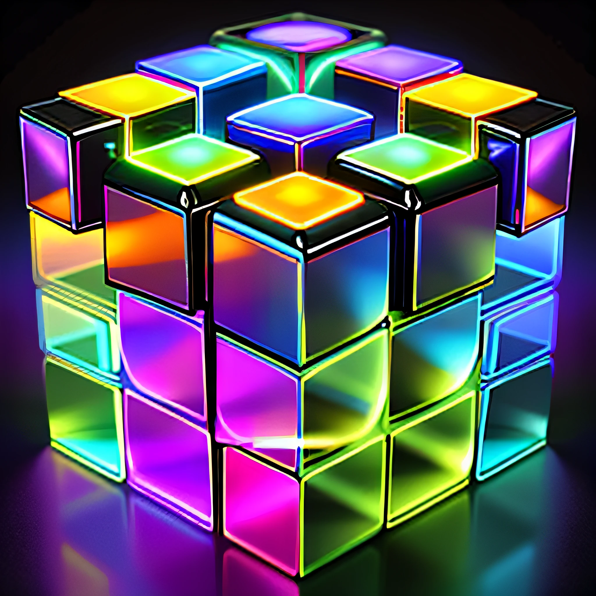 Close up of colored cube on black background, made entirely from gradients, symetry!!Correct the shape of the left and right sides!! Add perspective effects,Perspective light cube, volumetric lighting iridescence, digital art - w 640, colorful redshift render, Compute shaders, iridescent cybernetic processor, Rich rainbow mirror colors, futuristic but colorful shading, Hologram effect