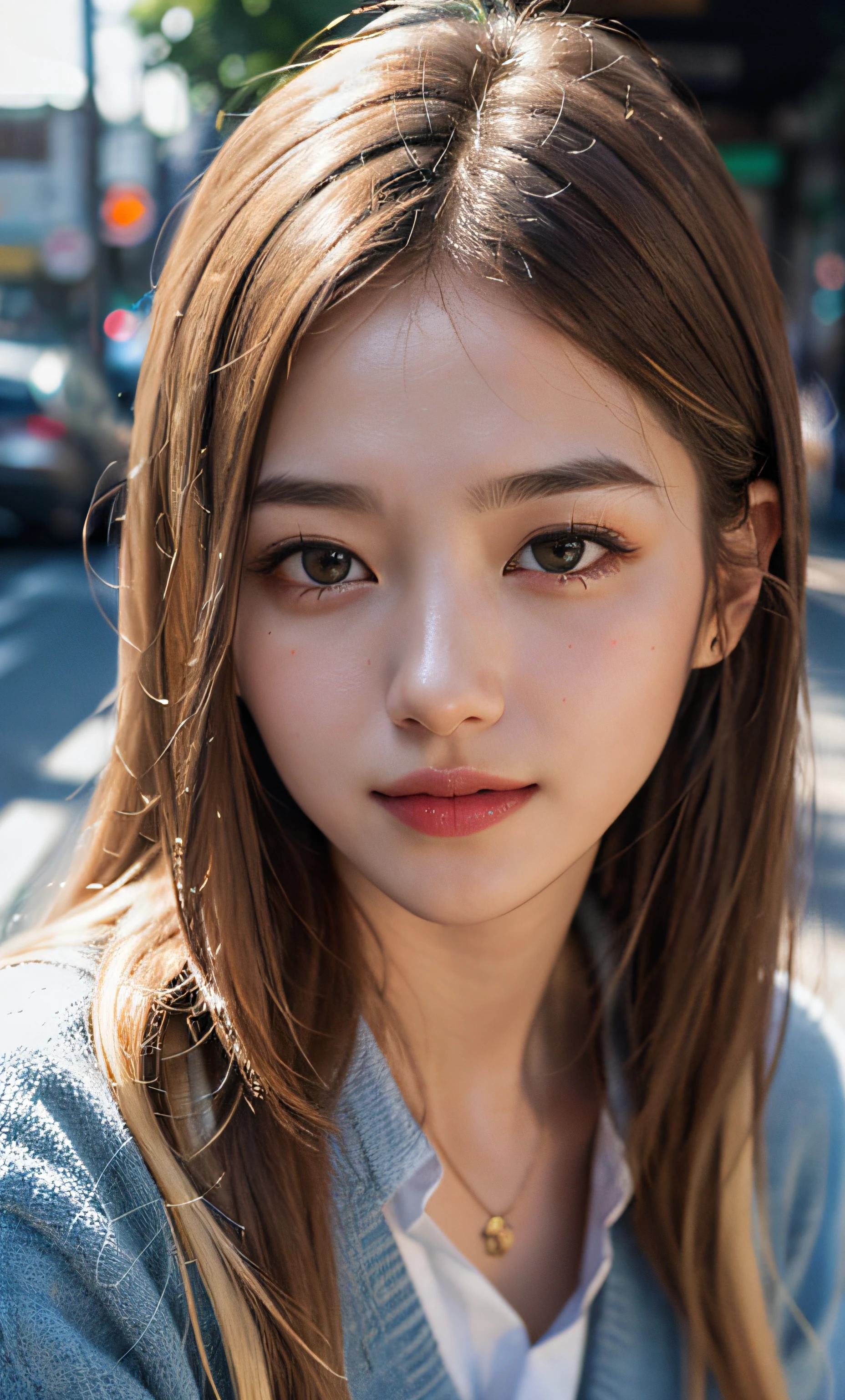 (8k, RAW photo, photorealistic:1.25) ,( lipgloss, eyelashes, gloss-face, glossy skin, best quality, ultra highres, depth of field, chromatic aberration, caustics, Broad lighting, natural shading,Kpop idol) looking at viewer with a serene and goddess-like happiness, school uniform, upper body, tokyo street, , long blonde hair
