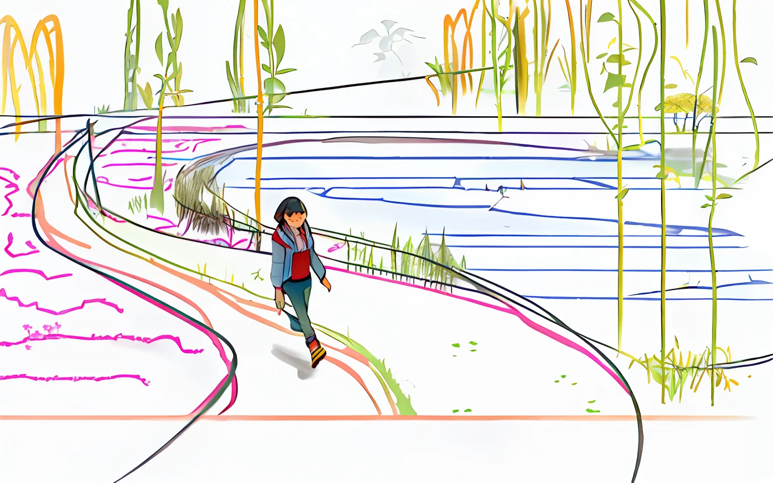 A person walking on the greenway，eco，flowers meadows，Wetland landscape，Metasequoia，canna，Thousand bracken，Urban parks，Renderings，photorealestic，goodlooking，Landscape design，Fill in the blanks --auto