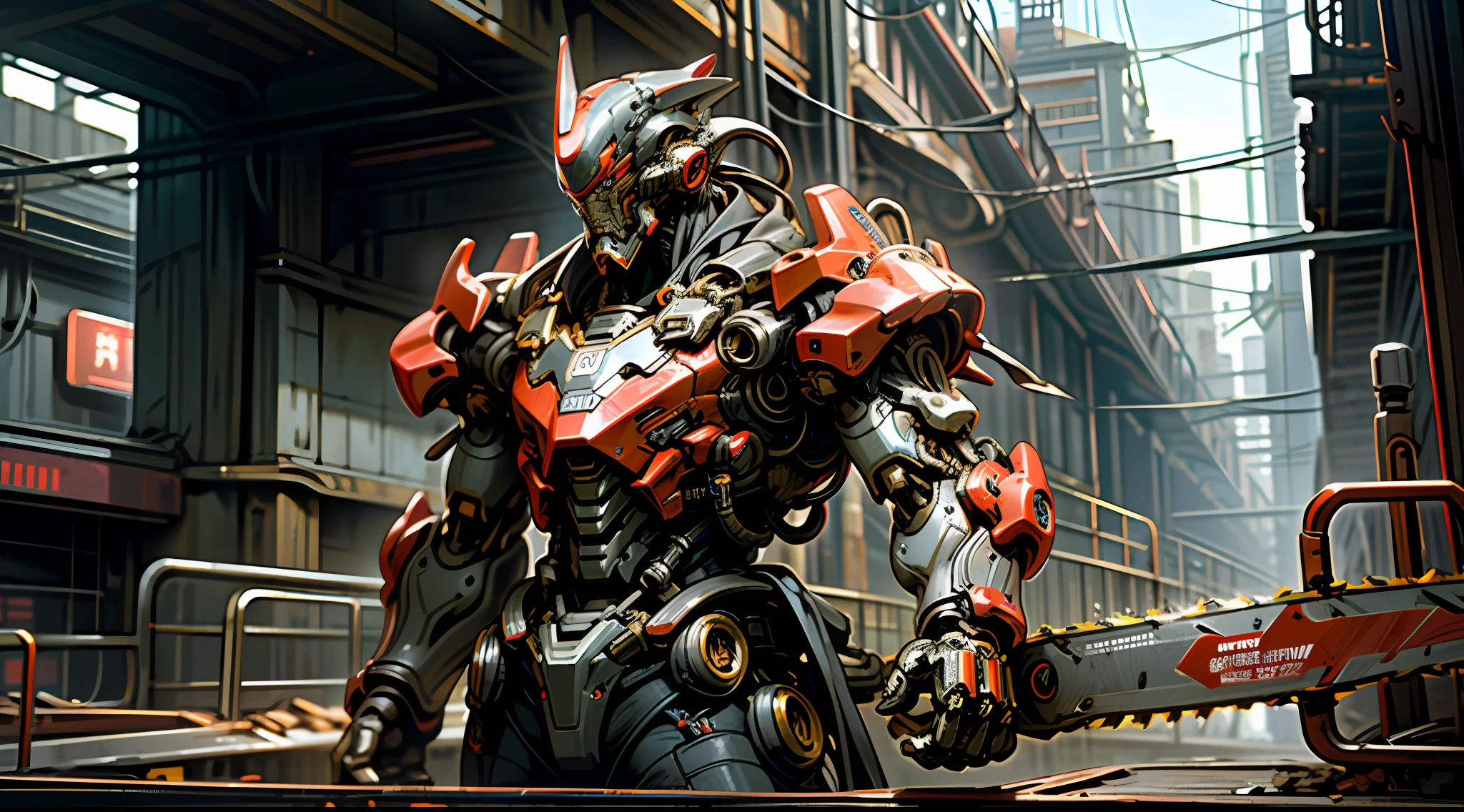 Dark_Fantasy,Cyberpunk,(chain saw,chain saw man,Red:1.1),1man,Mechanical marvel,Robotic presence,Cybernetic guardian, wearing a worn-out mech suit, intricate, (steel metal [rusty]), elegant, clear focus, shot by greg rutkowski, soft lighting, vibrant colors, masterpiece, ((street)), cowboy shot, dynamic pose,
