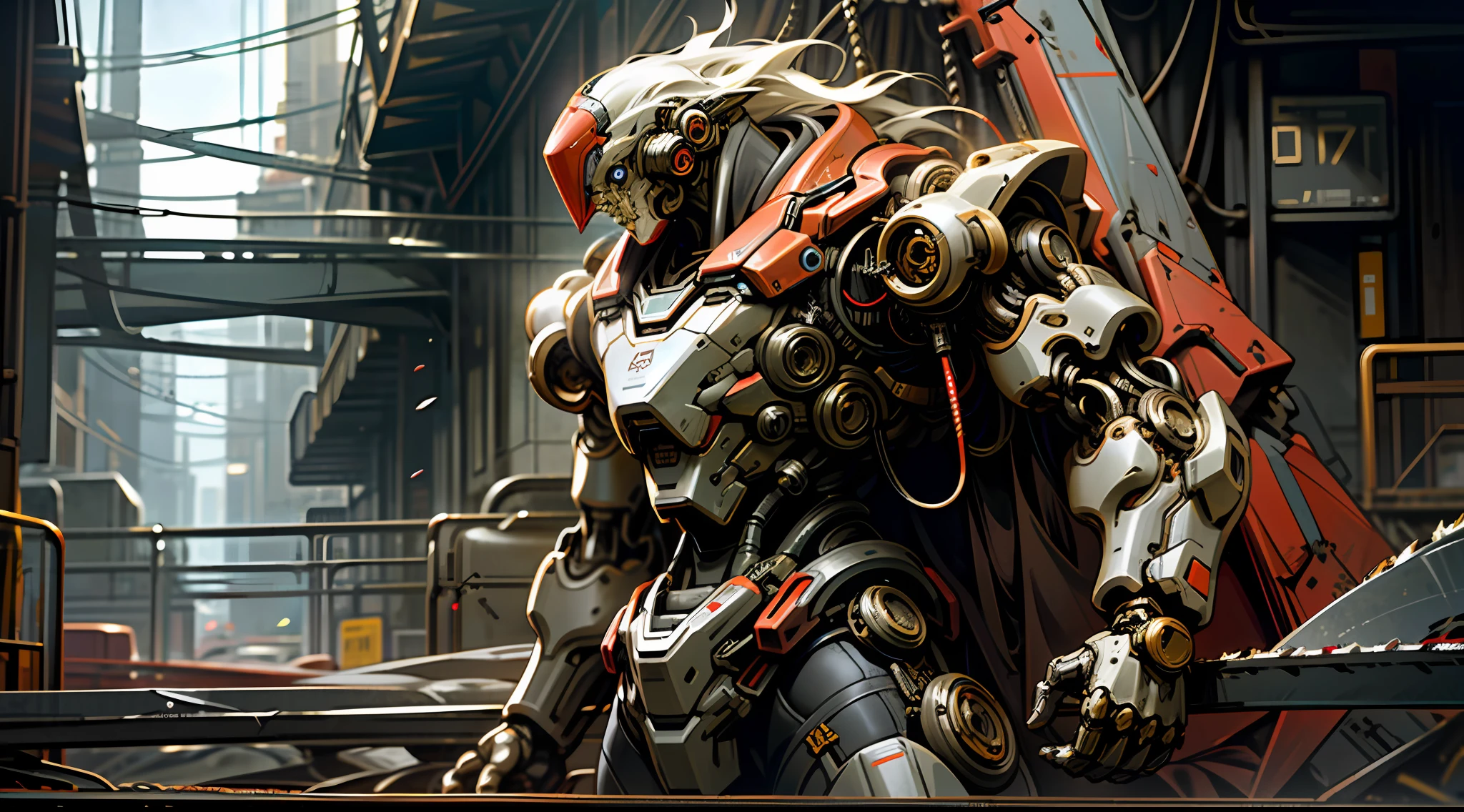Dark_Fantasy,Cyberpunk,(chain saw,chain saw man,Red:1.1),1man,Mechanical marvel,Robotic presence,Cybernetic guardian, wearing a worn-out mech suit, intricate, (steel metal [rusty]), elegant, clear focus, shot by greg rutkowski, soft lighting, vibrant colors, masterpiece, ((street)), cowboy shot, dynamic pose,